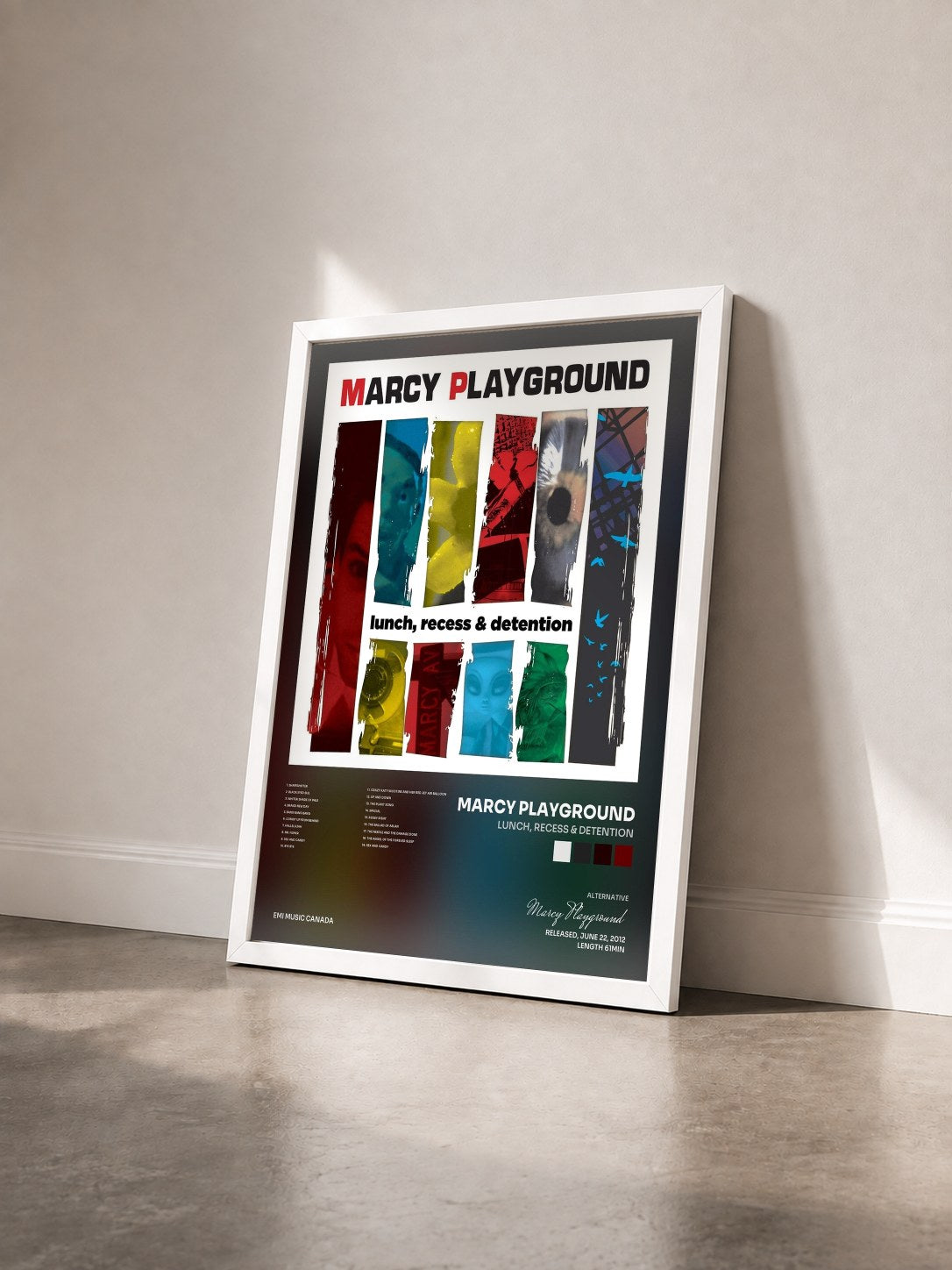 #blanc Tableau de l'album Lunch, Recess & Detention de Marcy Playground vu de trois quarts, cadre blanc