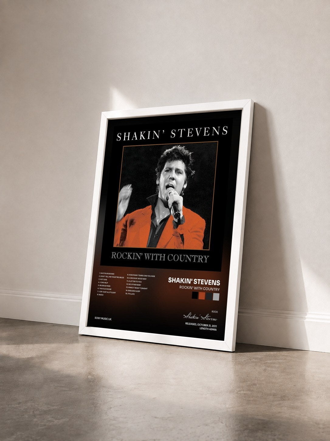 #blanc Tableau de l'album Rockin' With Country de Shakin' Stevens vu de trois quarts, cadre blanc
