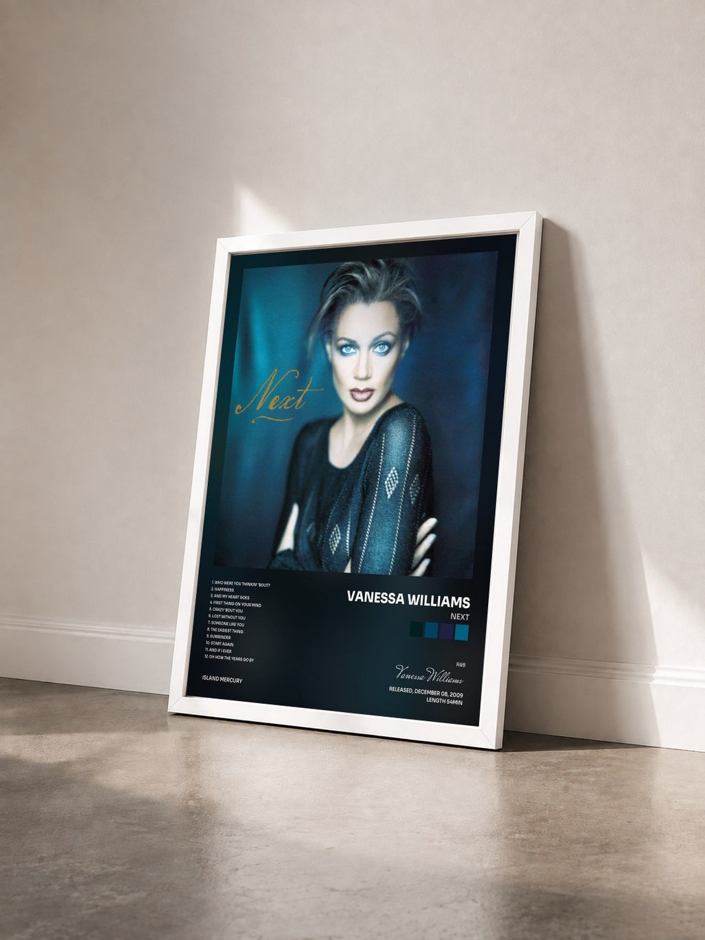 #blanc Tableau de l'album Next de Vanessa Williams vu de trois quarts, cadre blanc