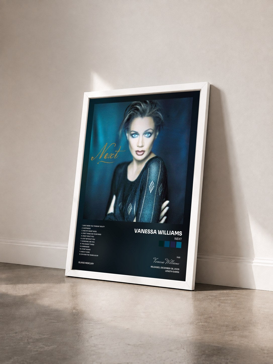 #blanc Tableau de l'album Next de Vanessa Williams vu de trois quarts, cadre blanc