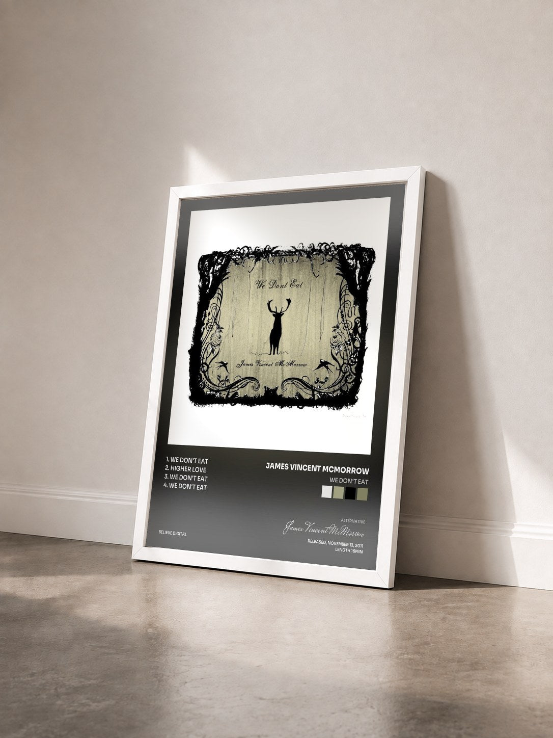 #blanc Tableau de l'album We Don't Eat de James Vincent McMorrow vu de trois quarts, cadre blanc