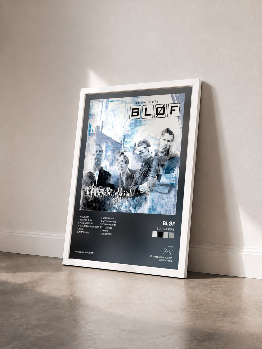 #blanc Tableau de l'album Blauwe Ruis de Bløf vu de trois quarts, cadre blanc