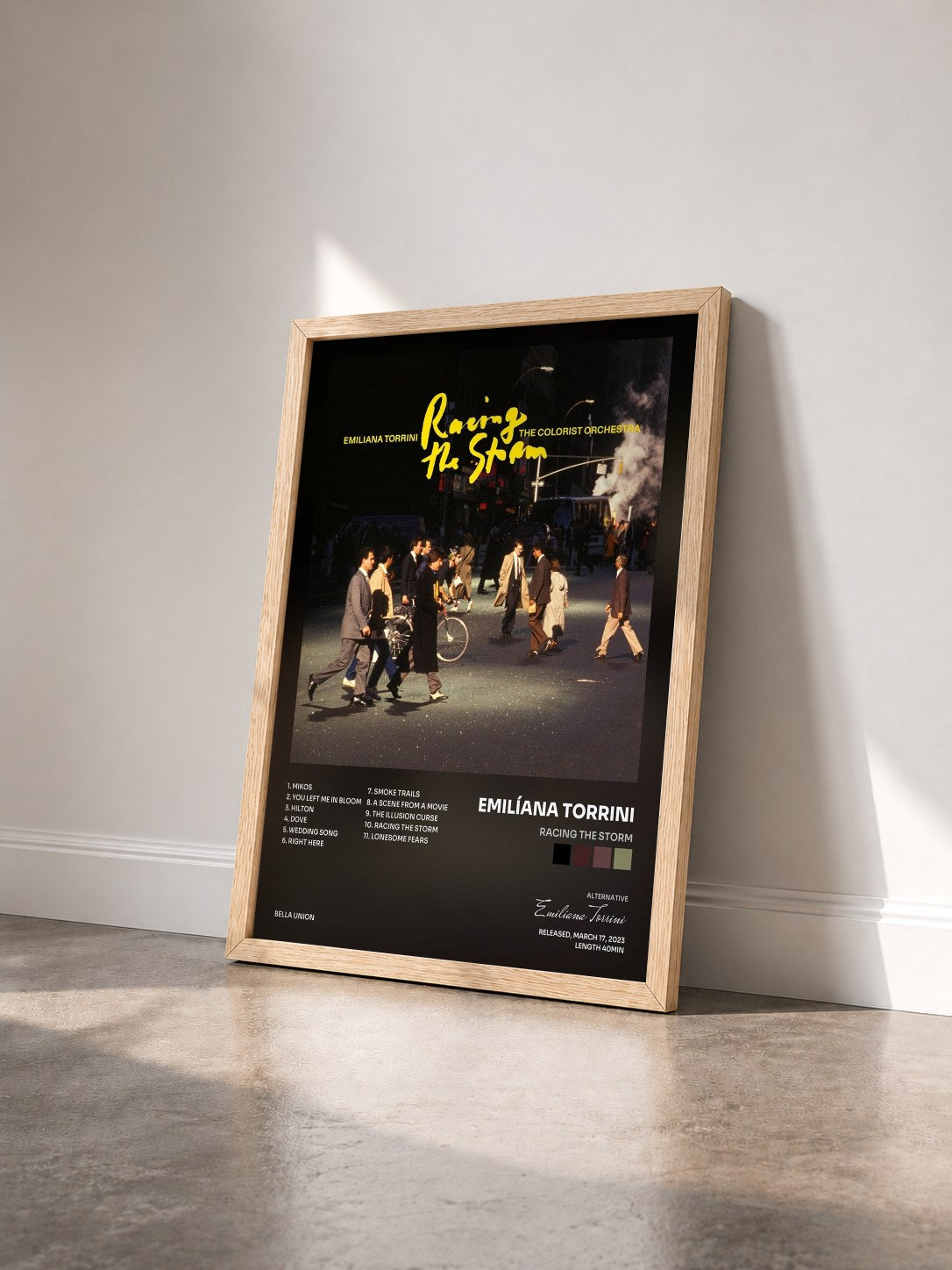 #bois Tableau de l'album Racing The Storm de Emilíana Torrini vu de trois quarts, cadre en bois brut