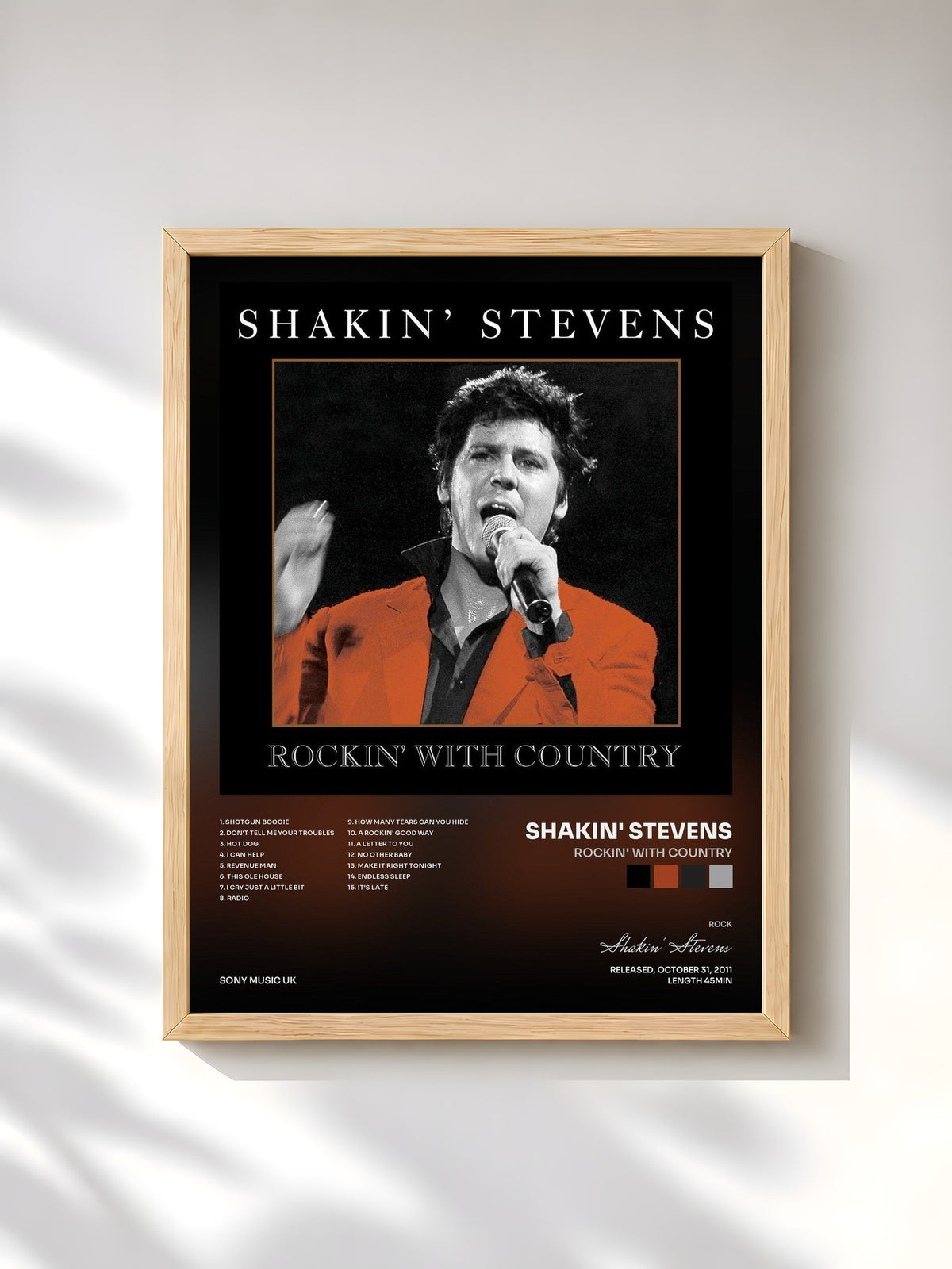#bois Tableau de l'album Rockin' With Country de Shakin' Stevens, cadre en bois brut, imprimé et encadré en France