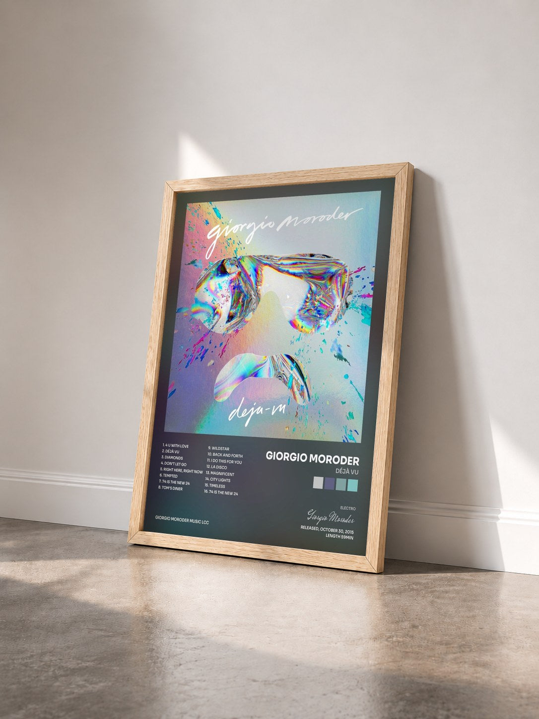 #bois Tableau de l'album Déjà vu de Giorgio Moroder vu de trois quarts, cadre en bois brut