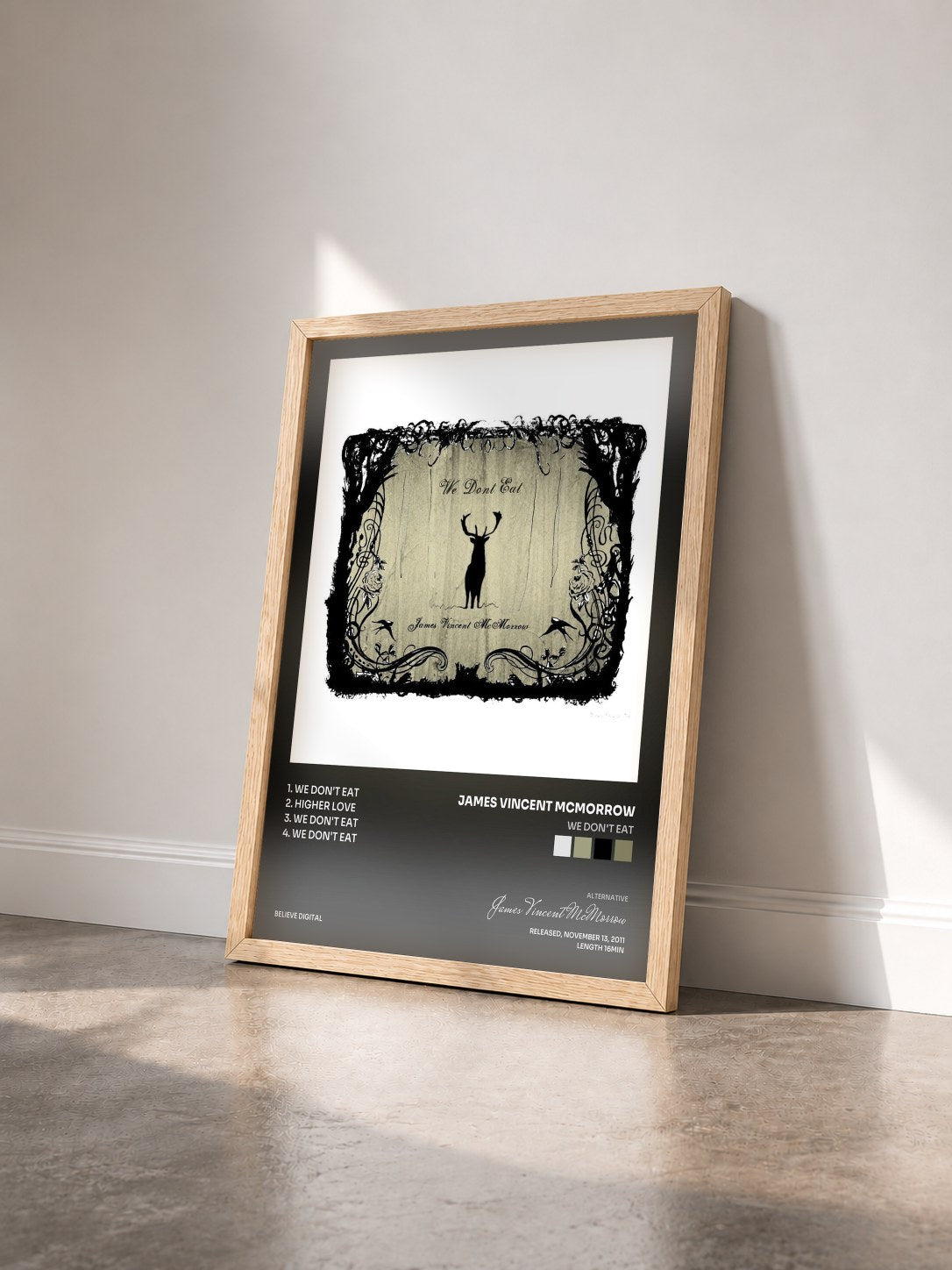 #bois Tableau de l'album We Don't Eat de James Vincent McMorrow vu de trois quarts, cadre en bois brut