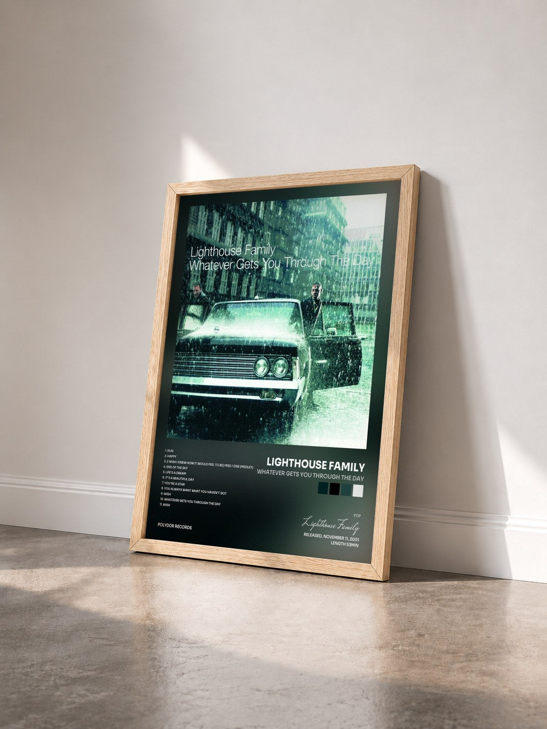 #bois Tableau de l'album Whatever Gets You Through The Day de Lighthouse Family vu de trois quarts, cadre en bois brut