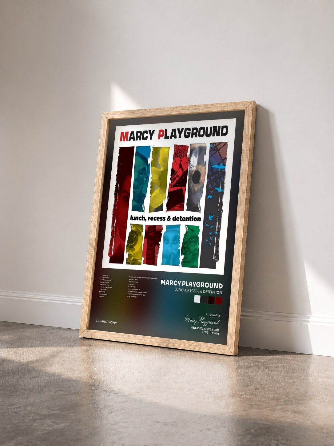 #bois Tableau de l'album Lunch, Recess & Detention de Marcy Playground vu de trois quarts, cadre en bois brut