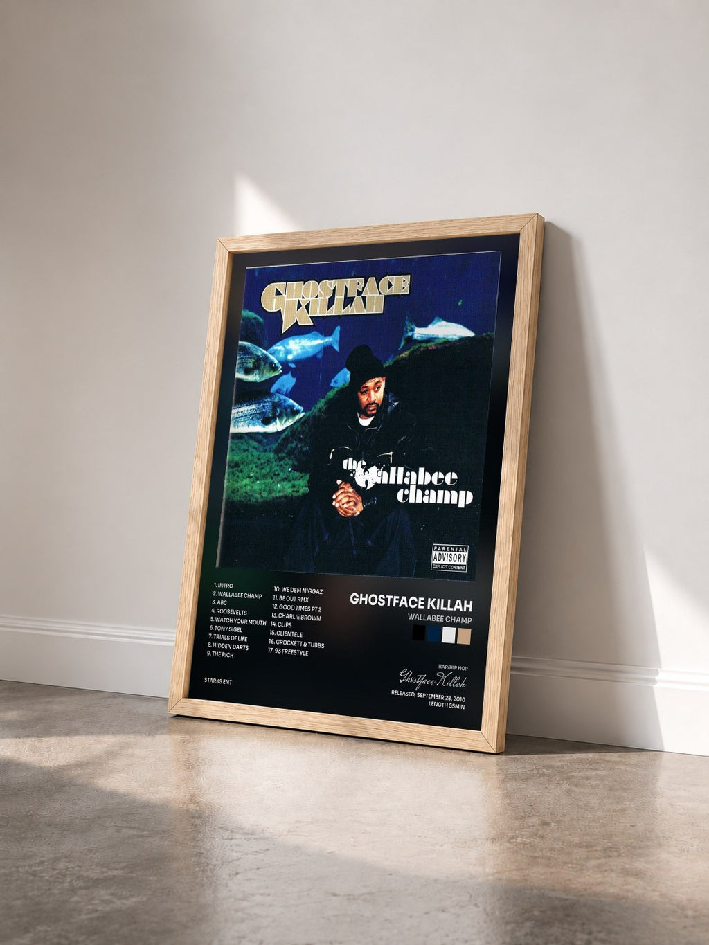 #bois Tableau de l'album Wallabee Champ de Ghostface Killah vu de trois quarts, cadre en bois brut
