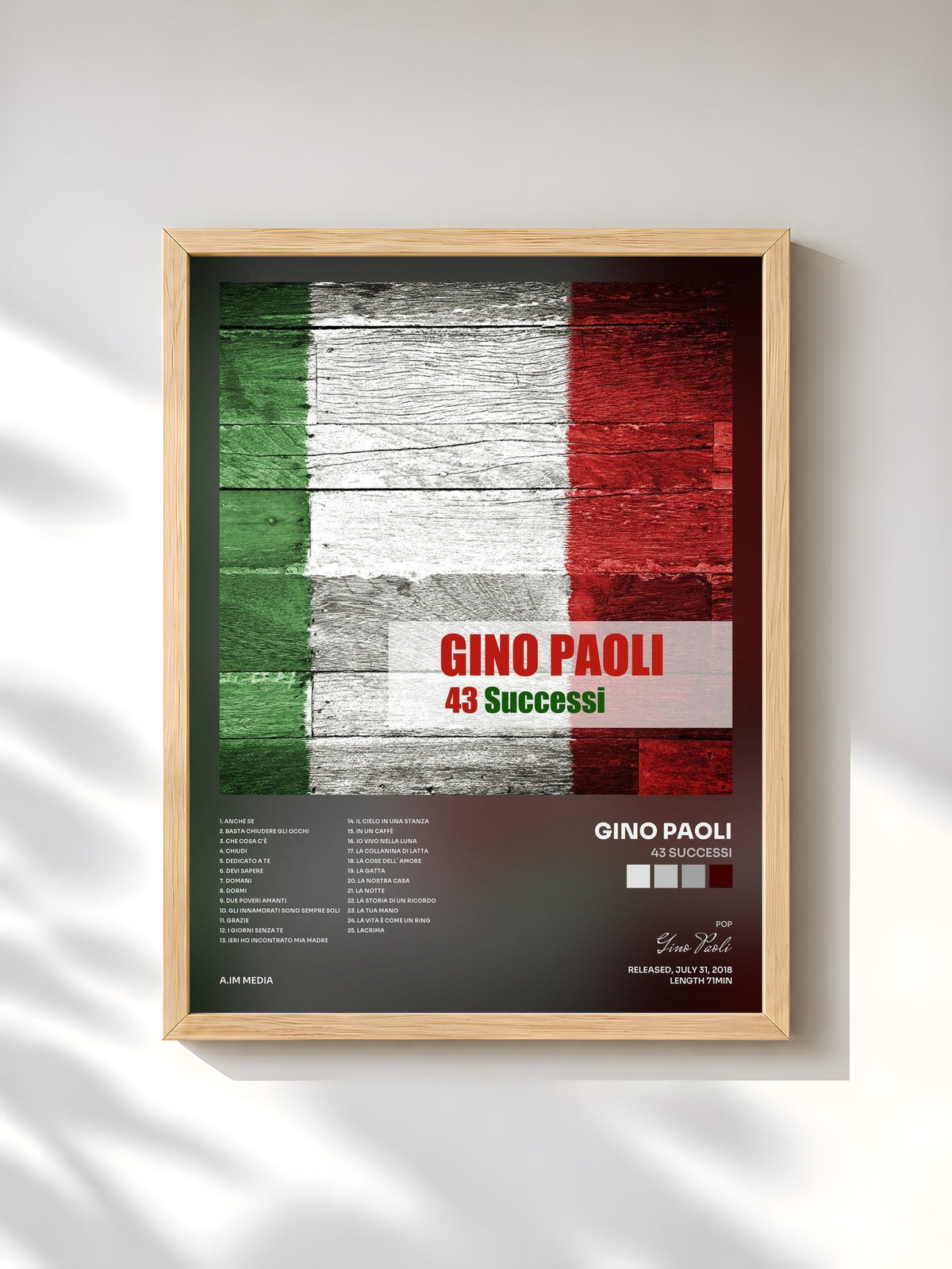 #bois Tableau de l'album 43 Successi de Gino Paoli, cadre en bois brut, imprimé et encadré en France