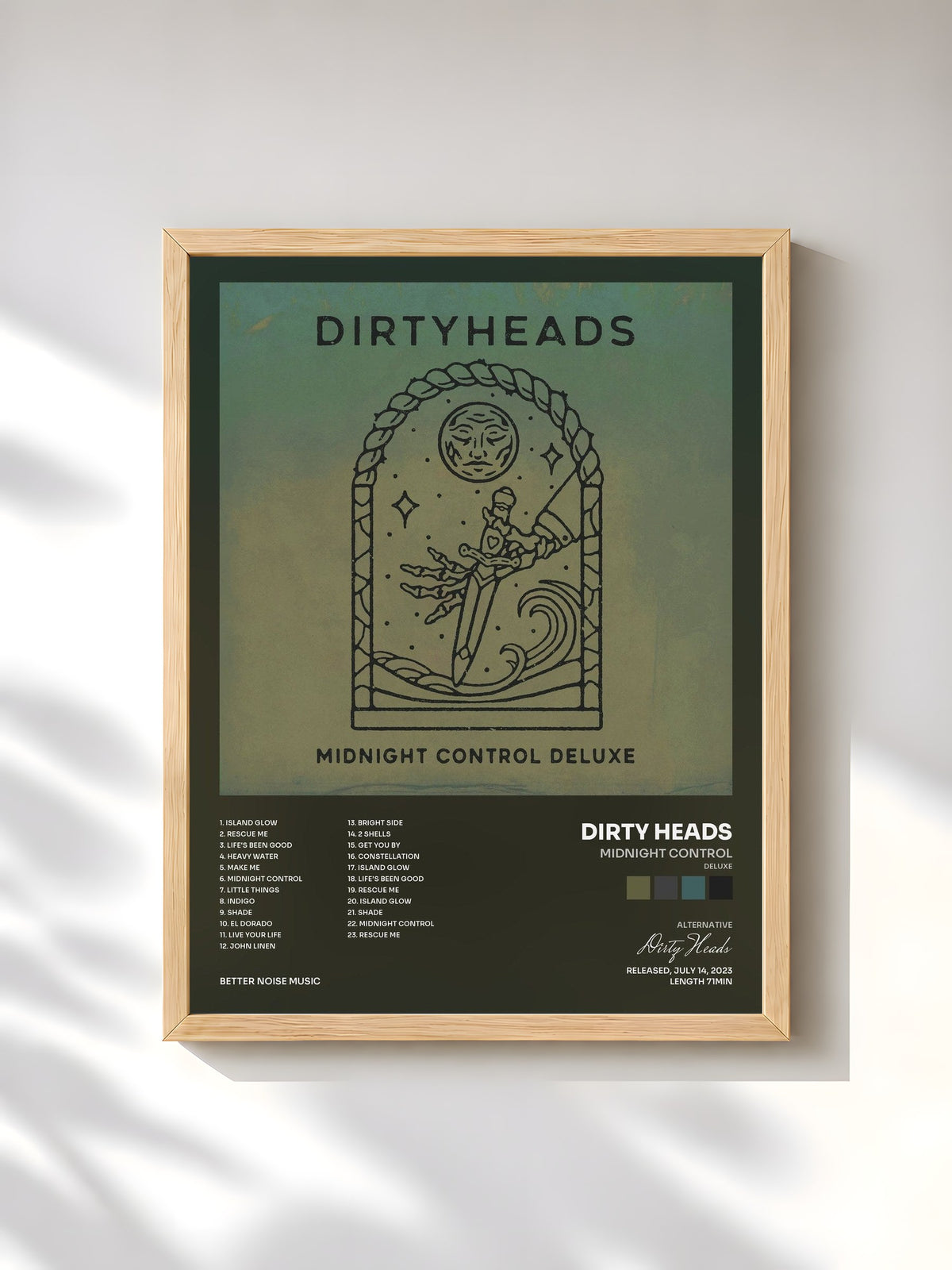 #bois Tableau de l'album Midnight Control (Deluxe) de Dirty Heads, cadre en bois brut, imprimé et encadré en France