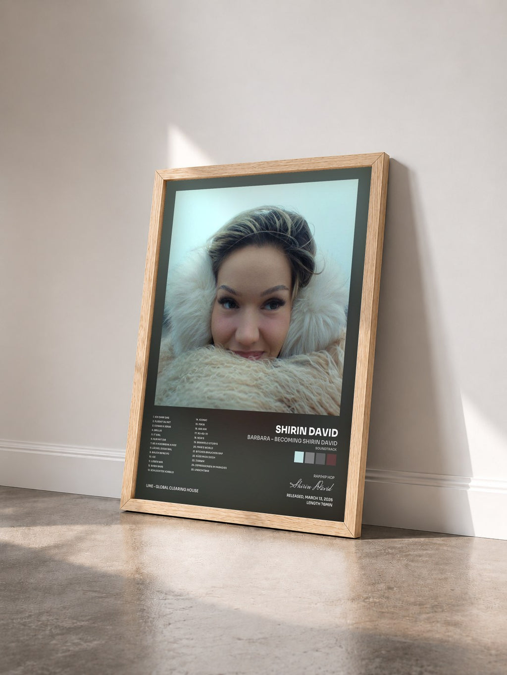 #bois Tableau de l'album Barbara – Becoming Shirin David (Soundtrack) de Shirin David vu de trois quarts, cadre en bois brut