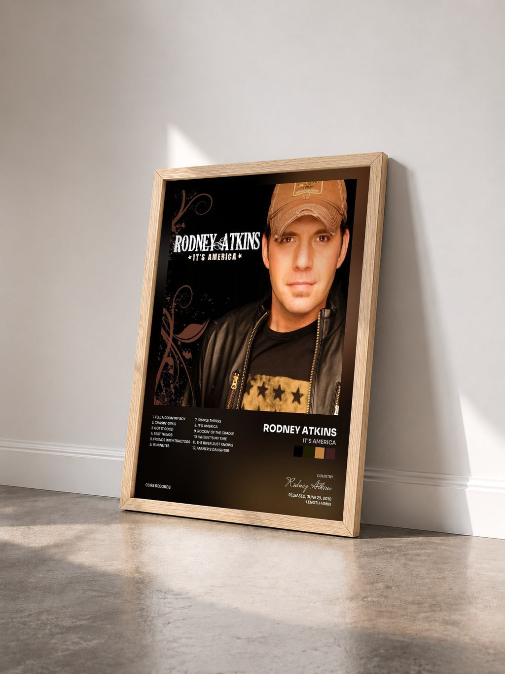 #bois Tableau de l'album It's America de Rodney Atkins vu de trois quarts, cadre en bois brut