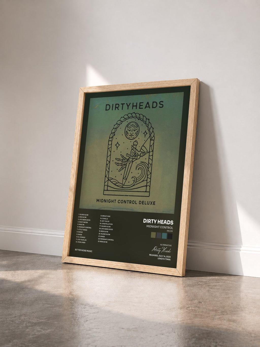 #bois Tableau de l'album Midnight Control (Deluxe) de Dirty Heads vu de trois quarts, cadre en bois brut