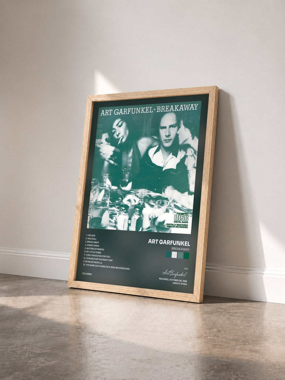 #bois Tableau de l'album Breakaway de Art Garfunkel vu de trois quarts, cadre en bois brut