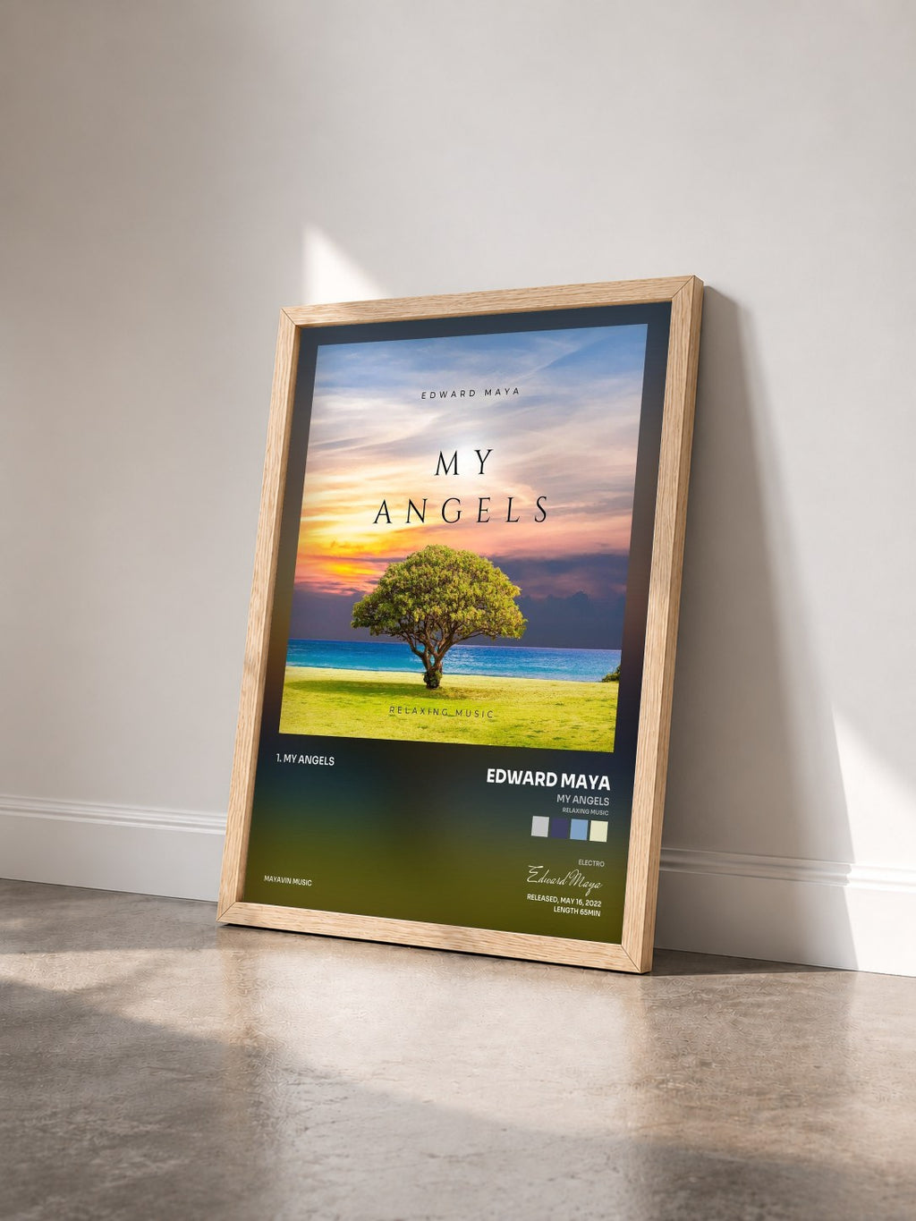 #bois Tableau de l'album My Angels (Relaxing Music) de Edward Maya vu de trois quarts, cadre en bois brut