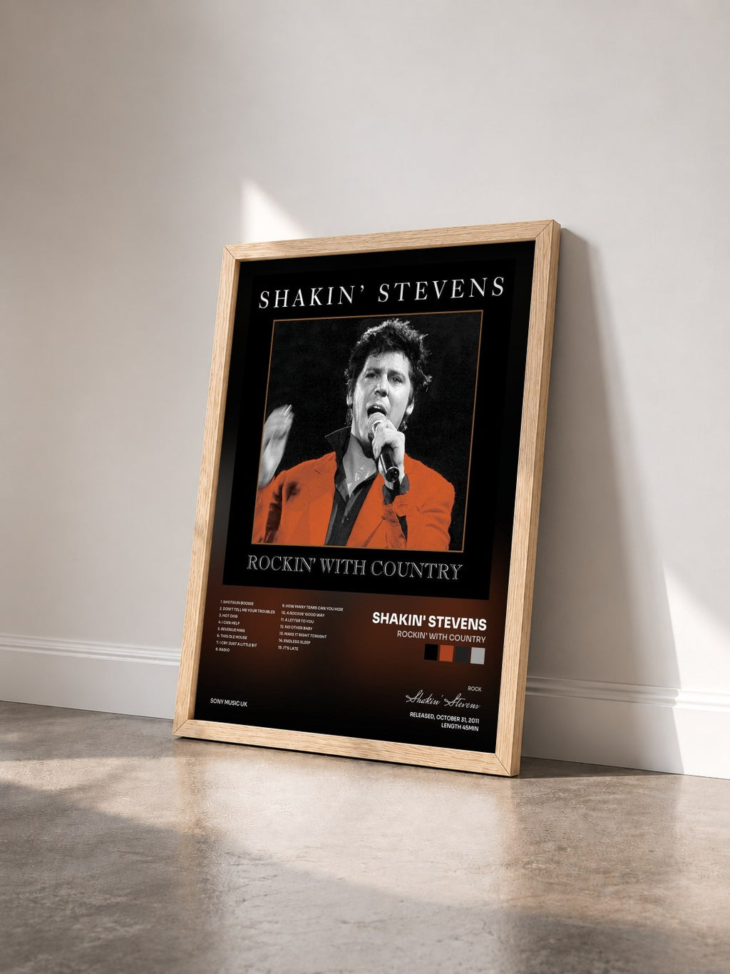 #bois Tableau de l'album Rockin' With Country de Shakin' Stevens vu de trois quarts, cadre en bois brut