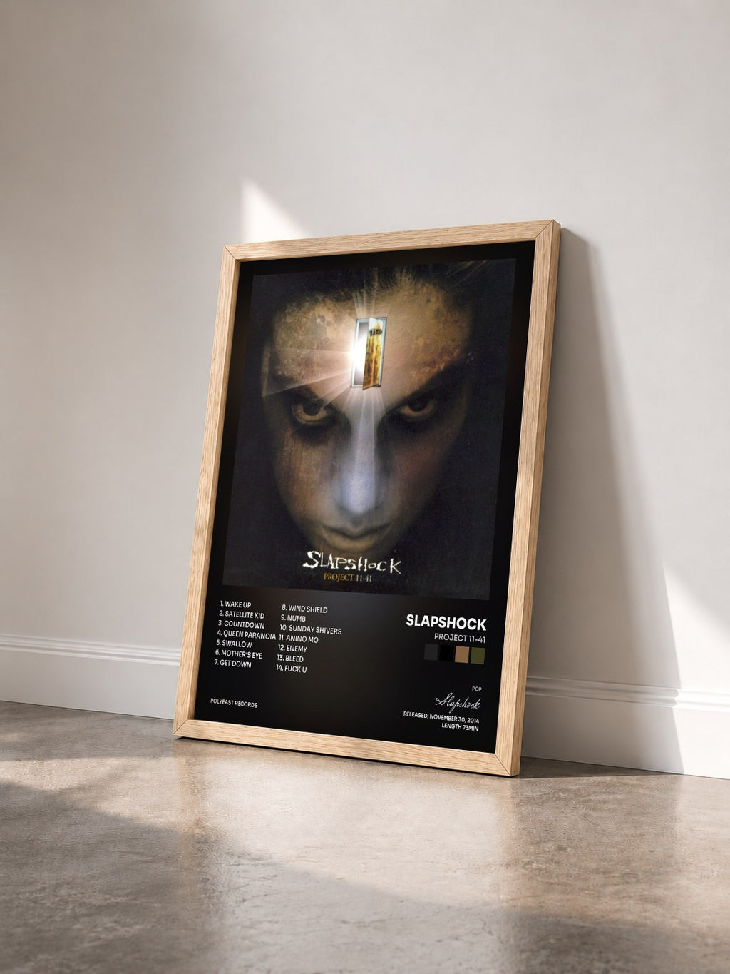 #bois Tableau de l'album Project 11-41 de Slapshock vu de trois quarts, cadre en bois brut