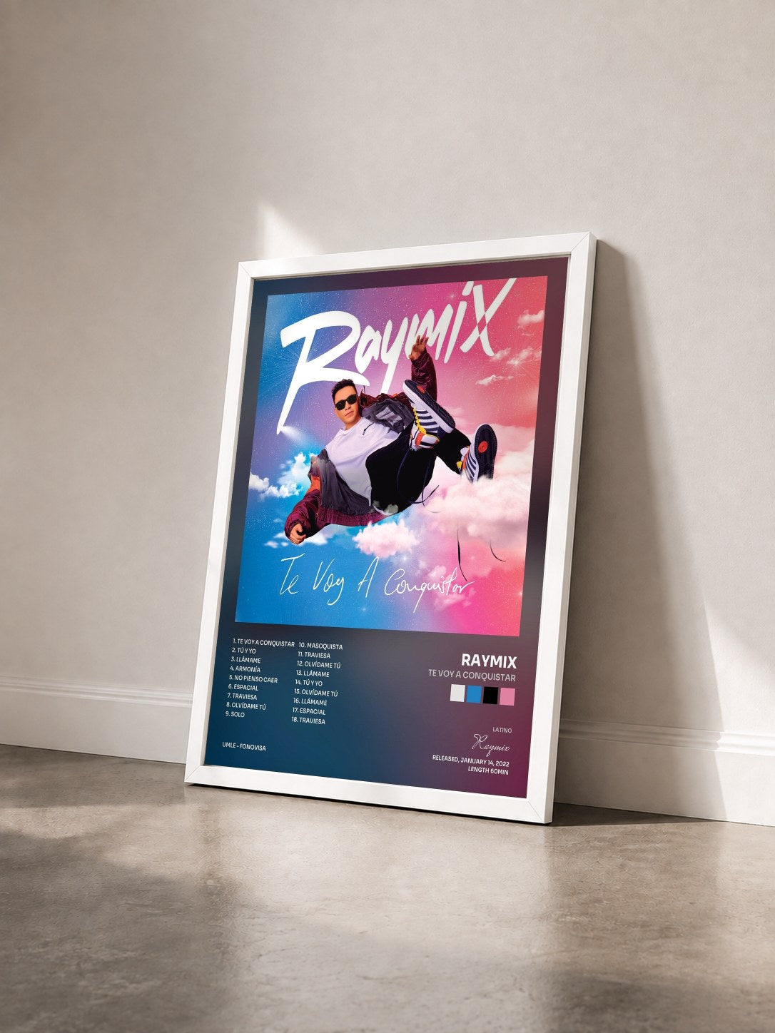 #blanc Tableau de l'album Te Voy A Conquistar de Raymix vu de trois quarts, cadre blanc