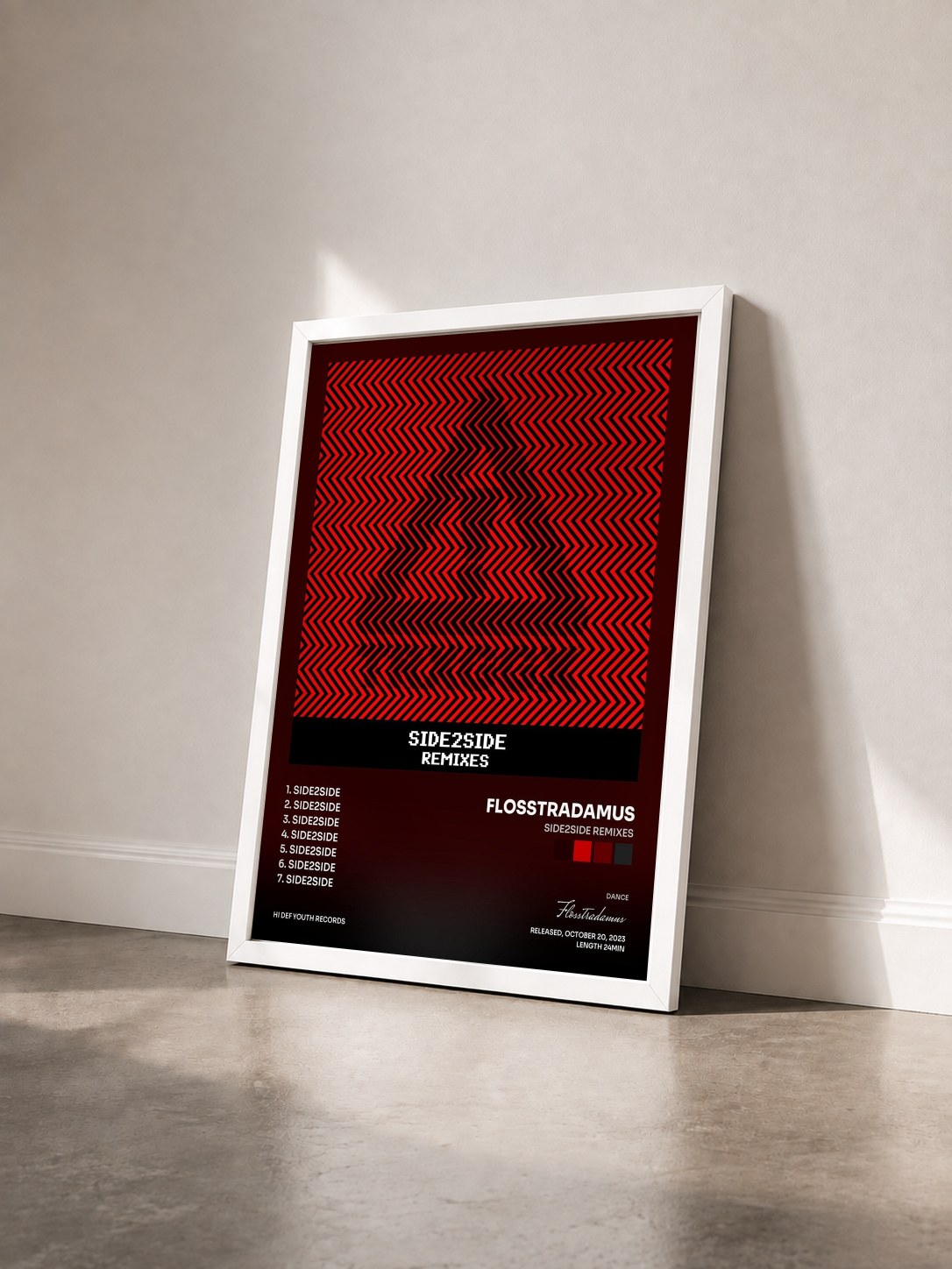 #blanc Tableau de l'album SIDE2SIDE REMIXES de Flosstradamus vu de trois quarts, cadre blanc