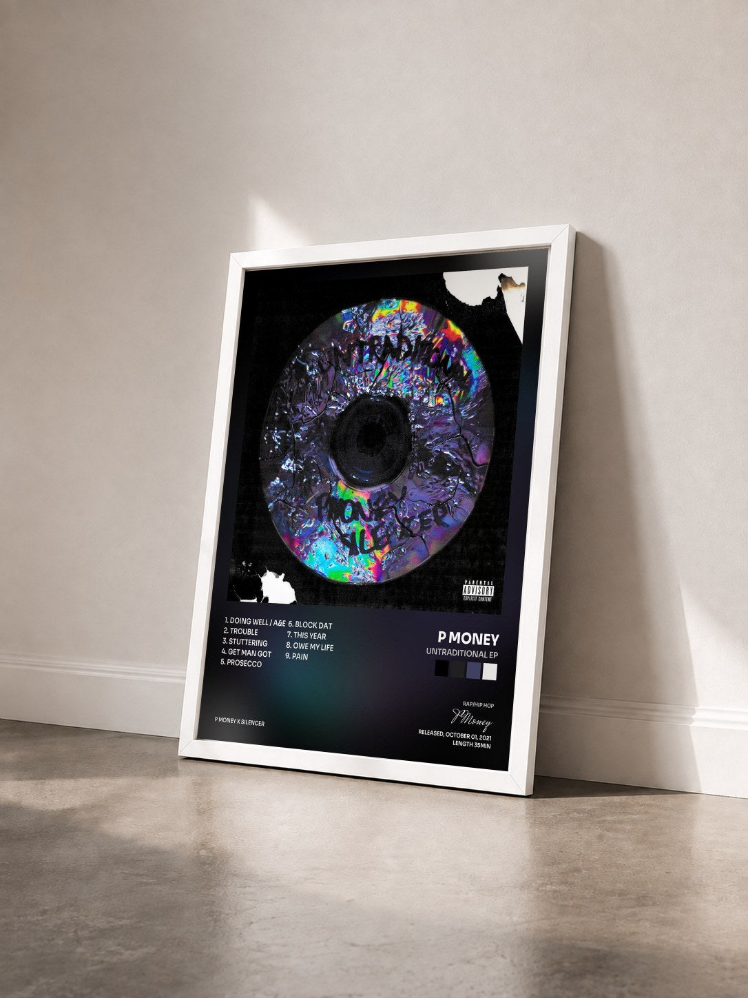 #blanc Tableau de l'album Untraditional EP de P Money vu de trois quarts, cadre blanc