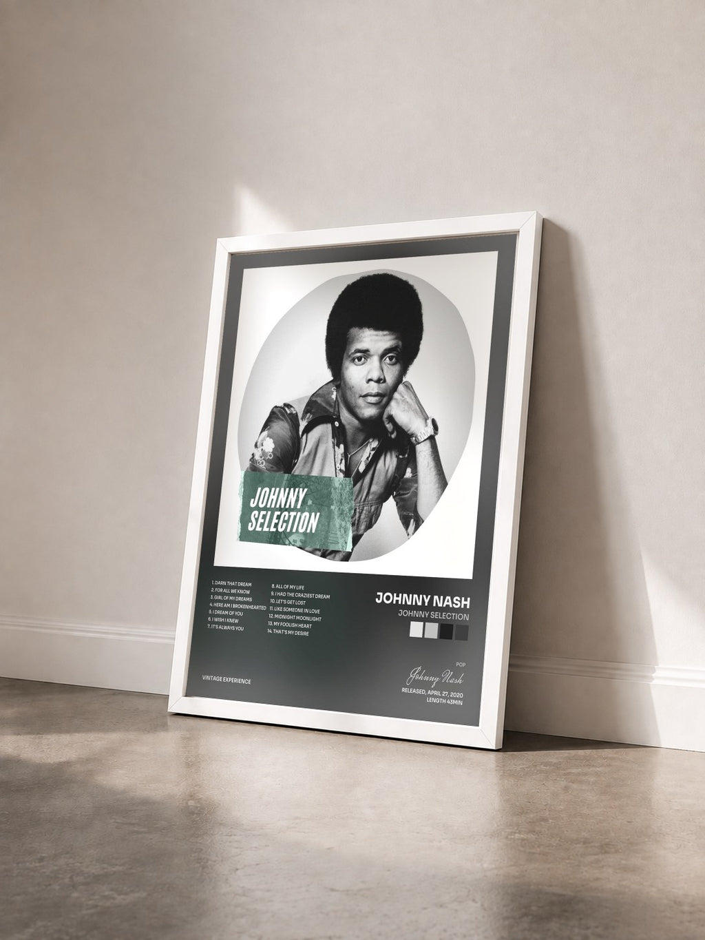 #blanc Tableau de l'album Johnny Selection de Johnny Nash vu de trois quarts, cadre blanc