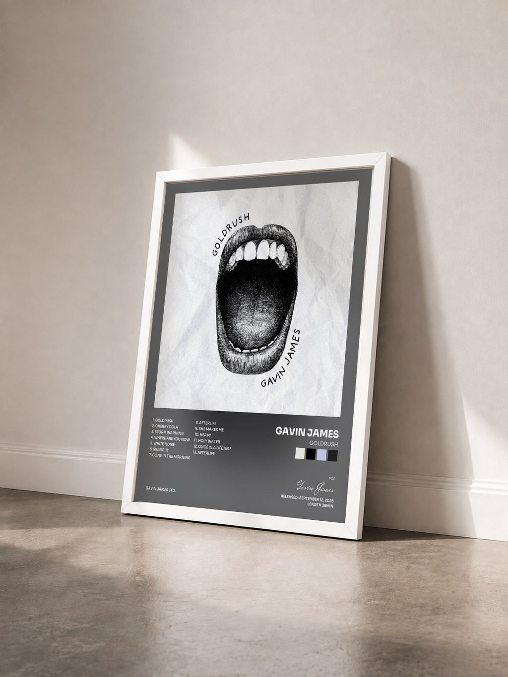 #blanc Tableau de l'album Goldrush de Gavin James vu de trois quarts, cadre blanc