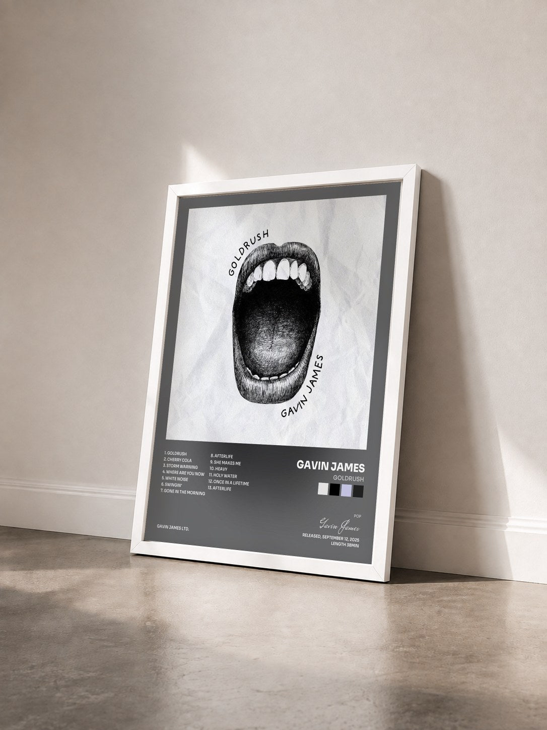 #blanc Tableau de l'album Goldrush de Gavin James vu de trois quarts, cadre blanc