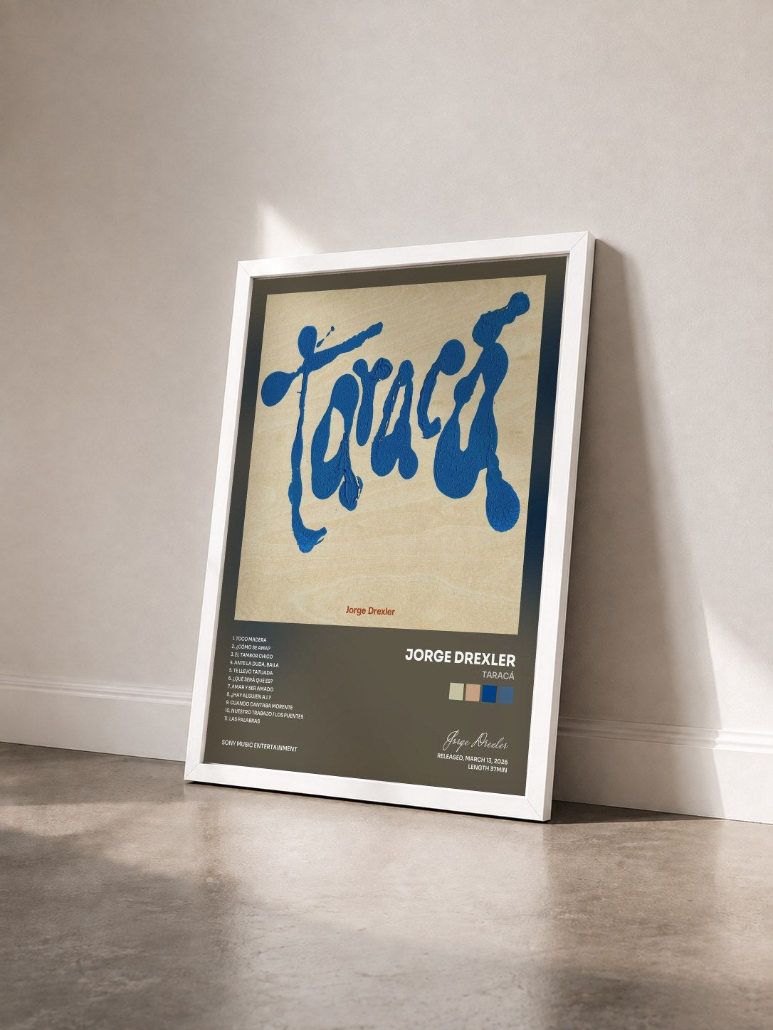 #blanc Tableau de l'album Taracá de Jorge Drexler vu de trois quarts, cadre blanc