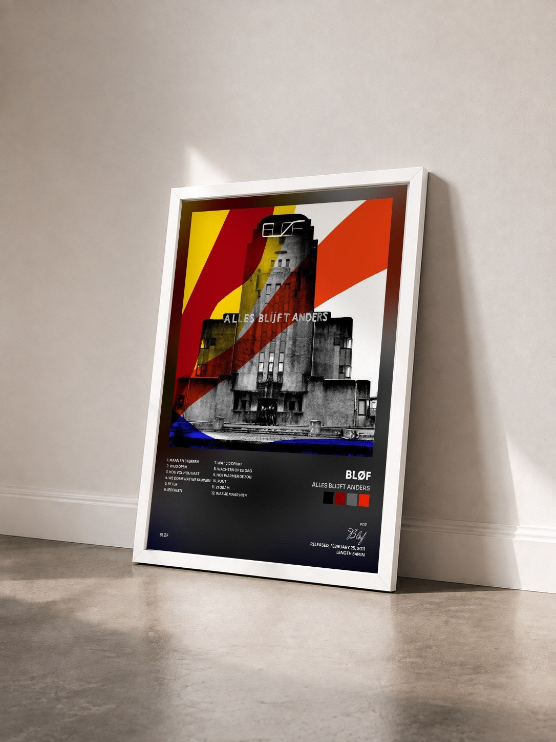#blanc Tableau de l'album Alles Blijft Anders de Bløf vu de trois quarts, cadre blanc