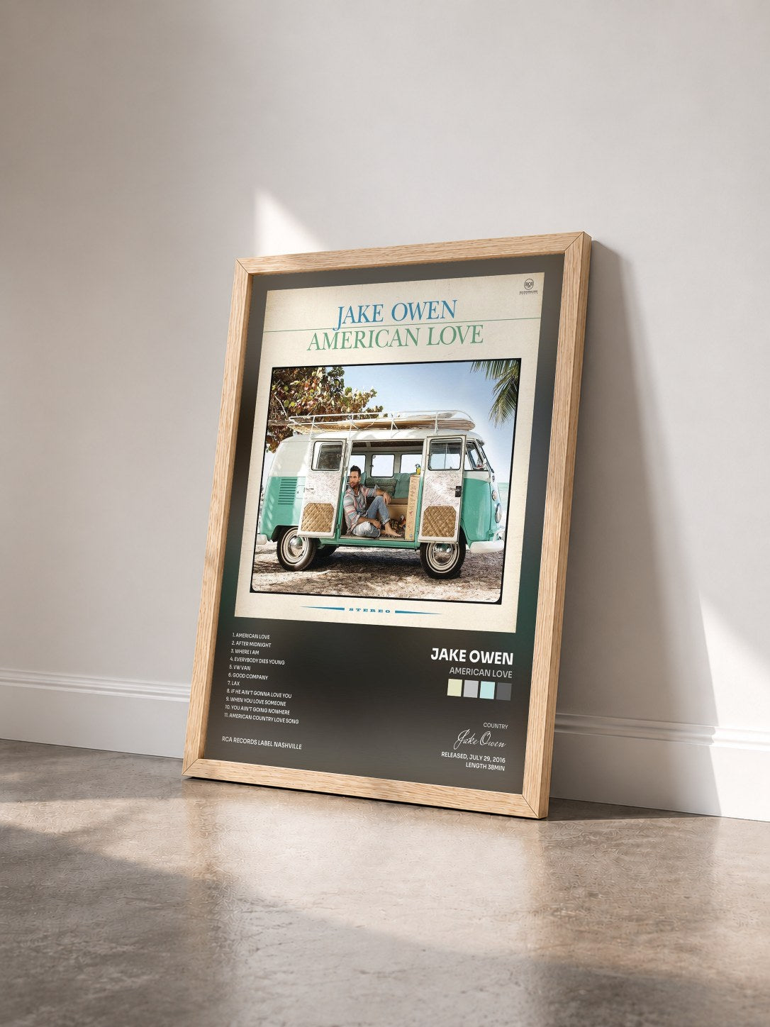 #bois Tableau de l'album American Love de Jake Owen vu de trois quarts, cadre en bois brut