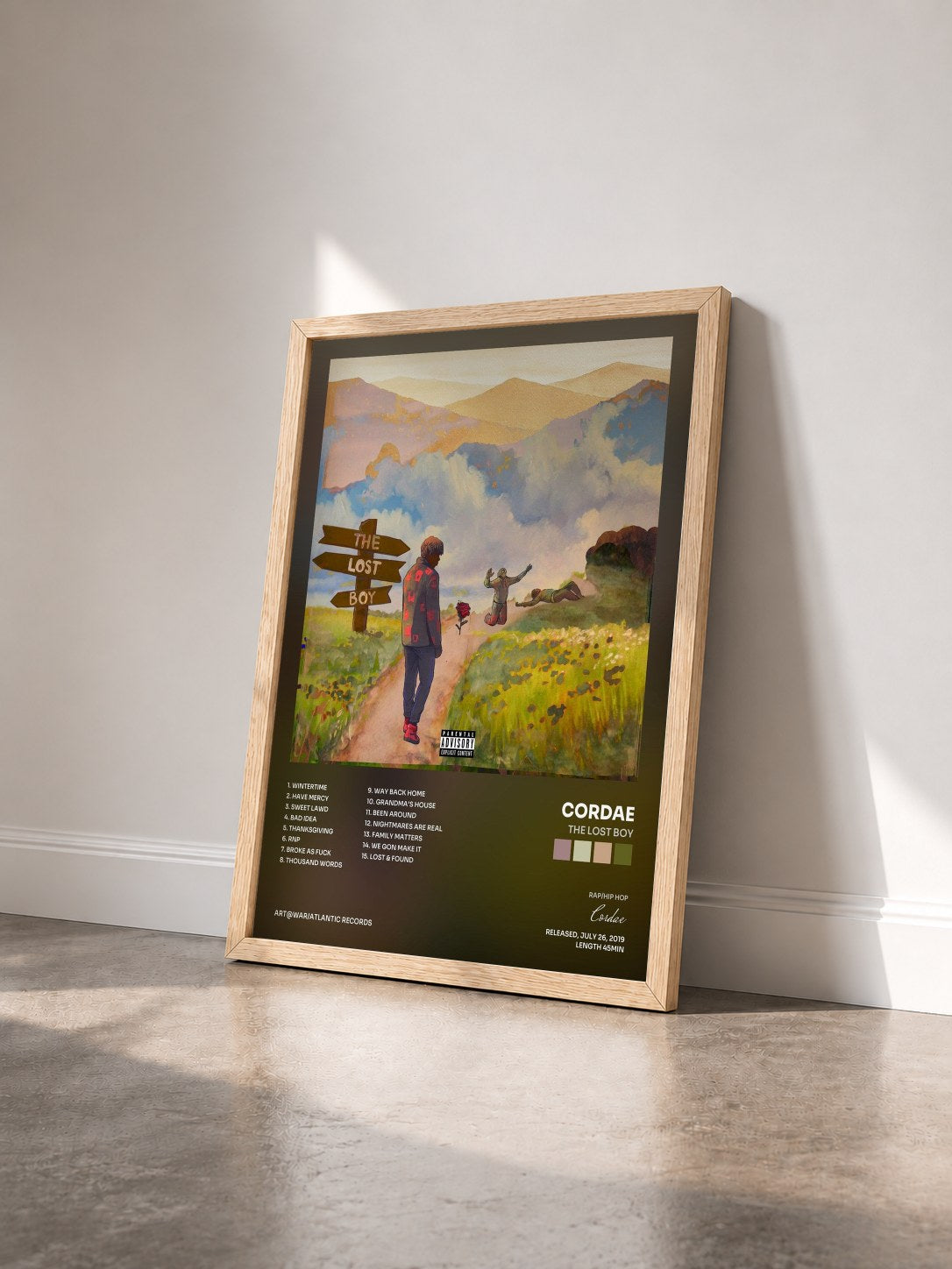 #bois Tableau de l'album The Lost Boy de Cordae vu de trois quarts, cadre en bois brut
