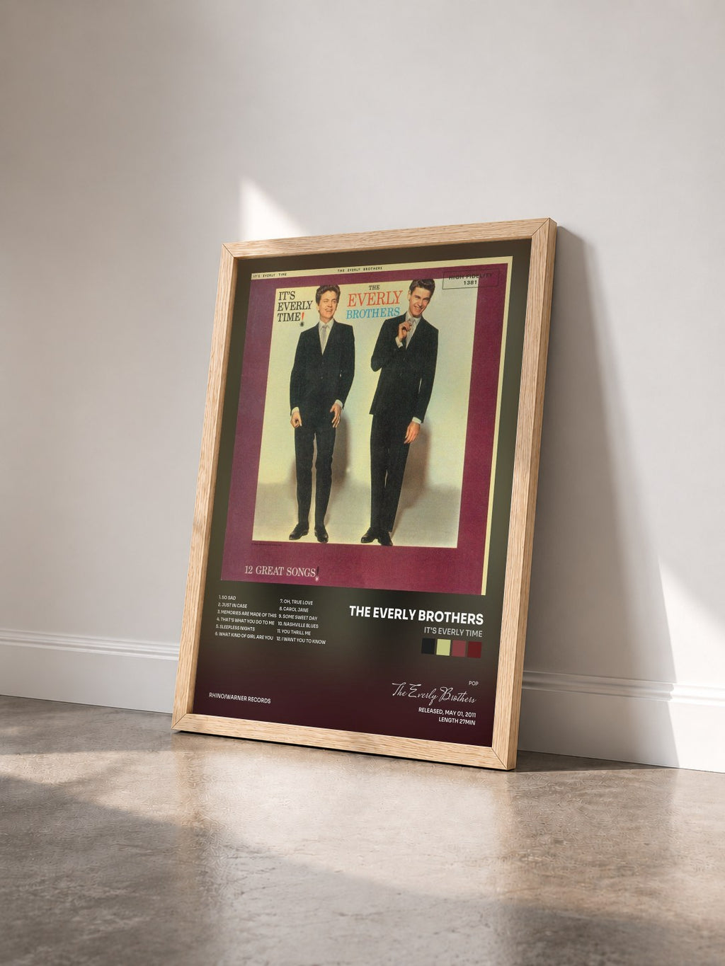 #bois Tableau de l'album It's Everly Time de The Everly Brothers vu de trois quarts, cadre en bois brut