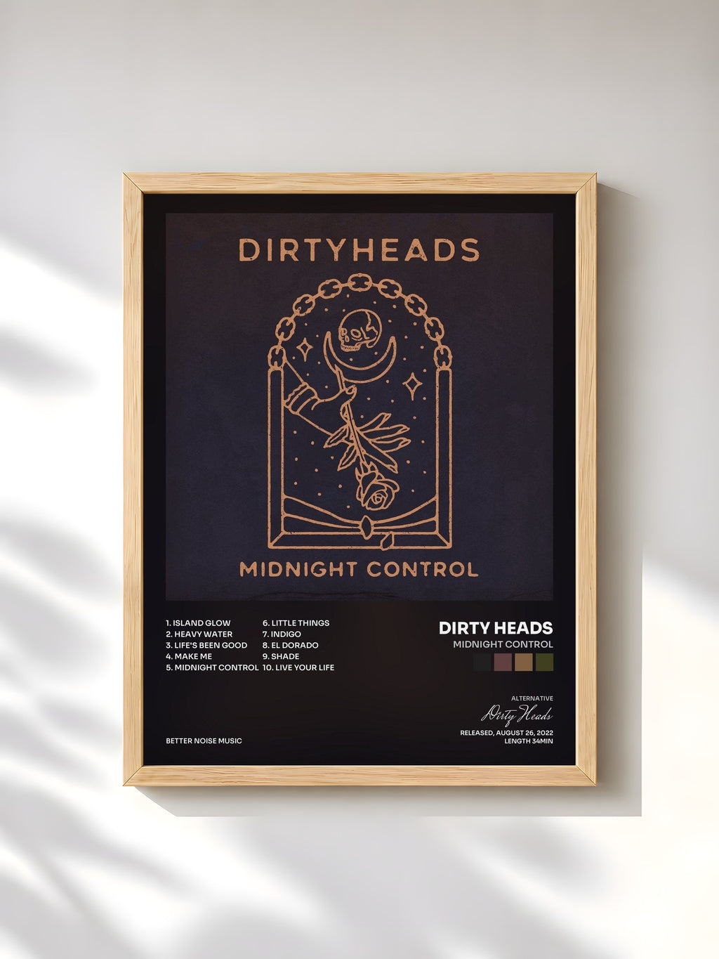 #bois Tableau de l'album Midnight Control de Dirty Heads, cadre en bois brut, imprimé et encadré en France