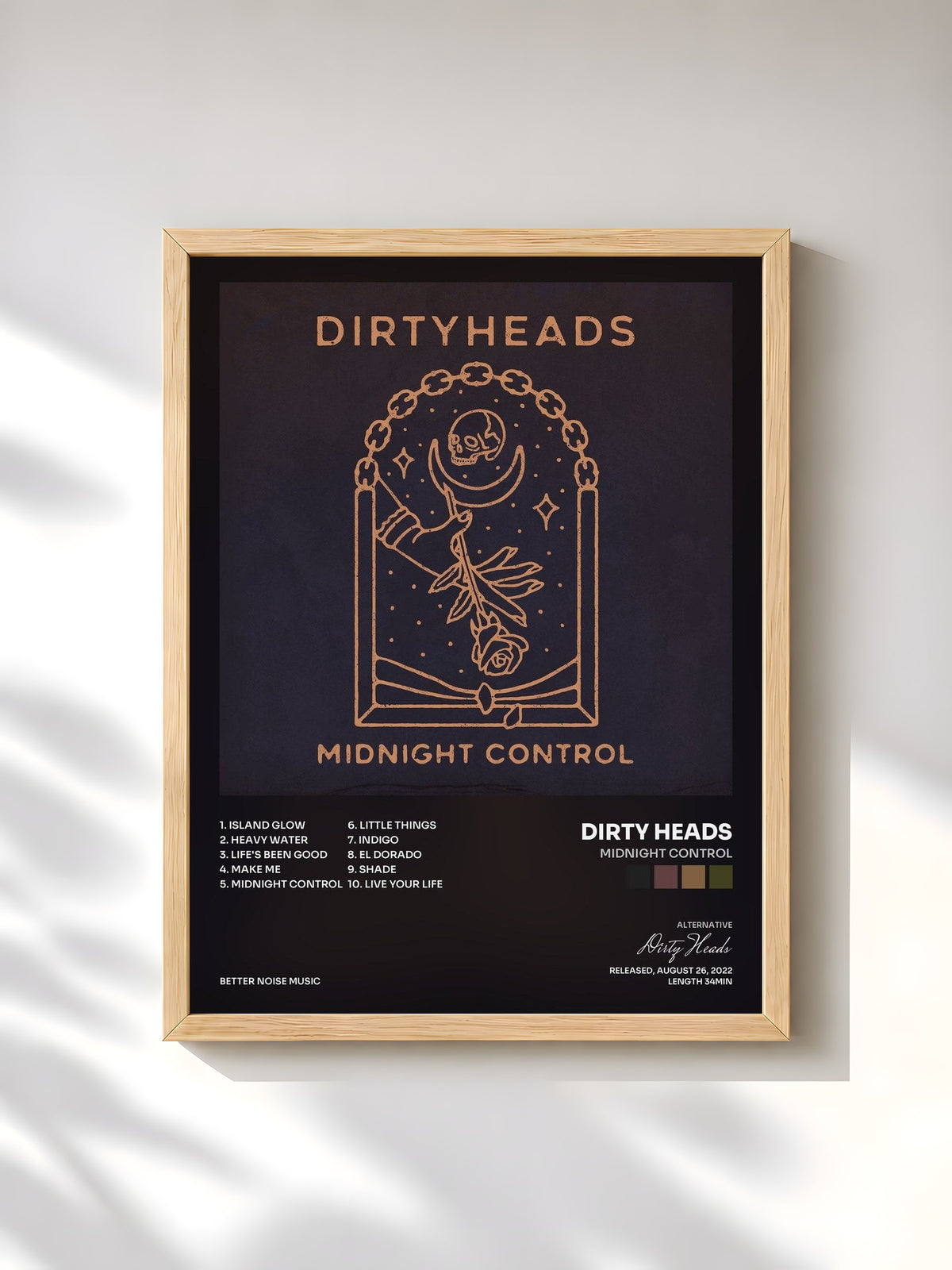 #bois Tableau de l'album Midnight Control de Dirty Heads, cadre en bois brut, imprimé et encadré en France