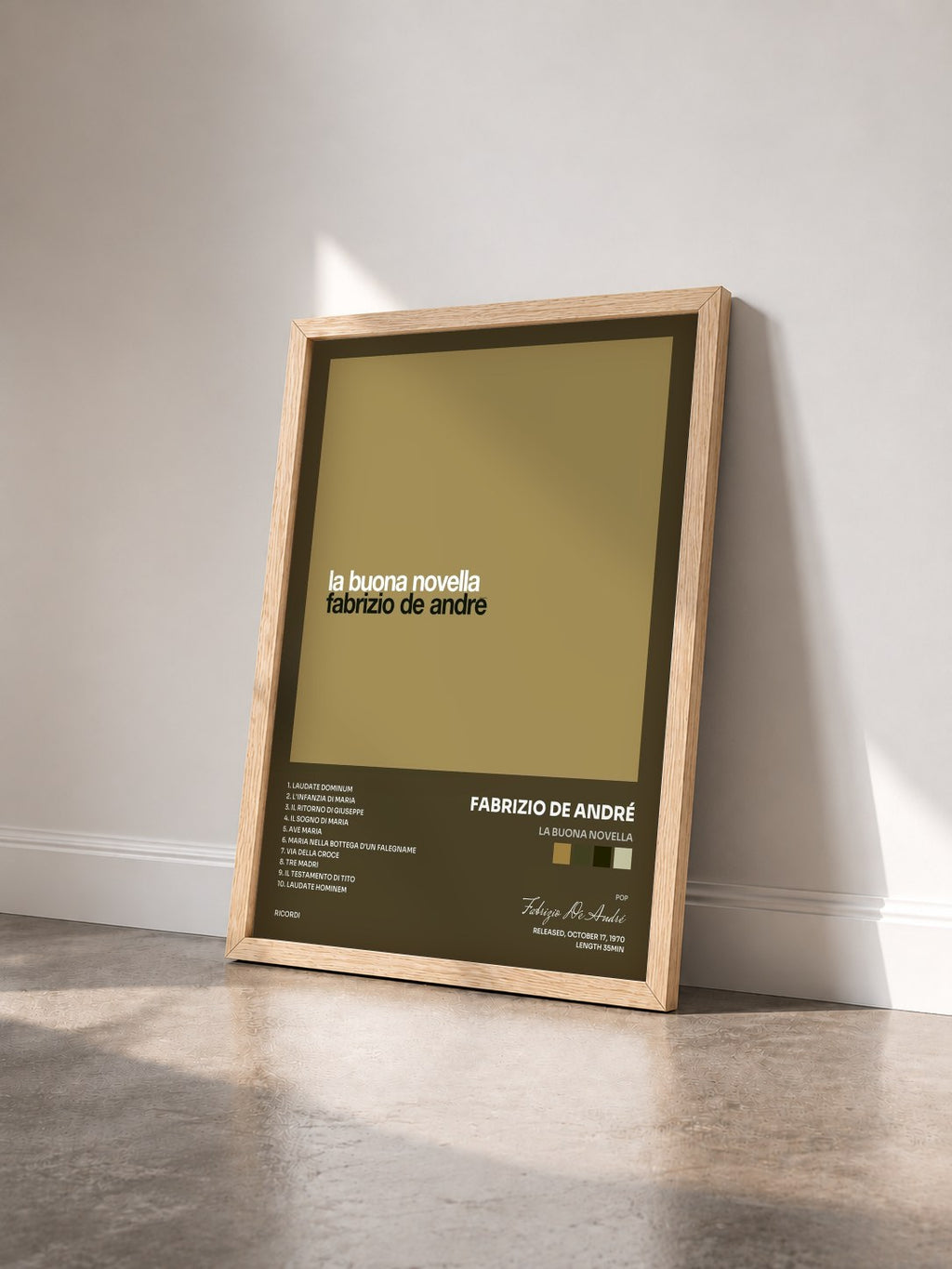 #bois Tableau de l'album La Buona Novella de Fabrizio De André vu de trois quarts, cadre en bois brut