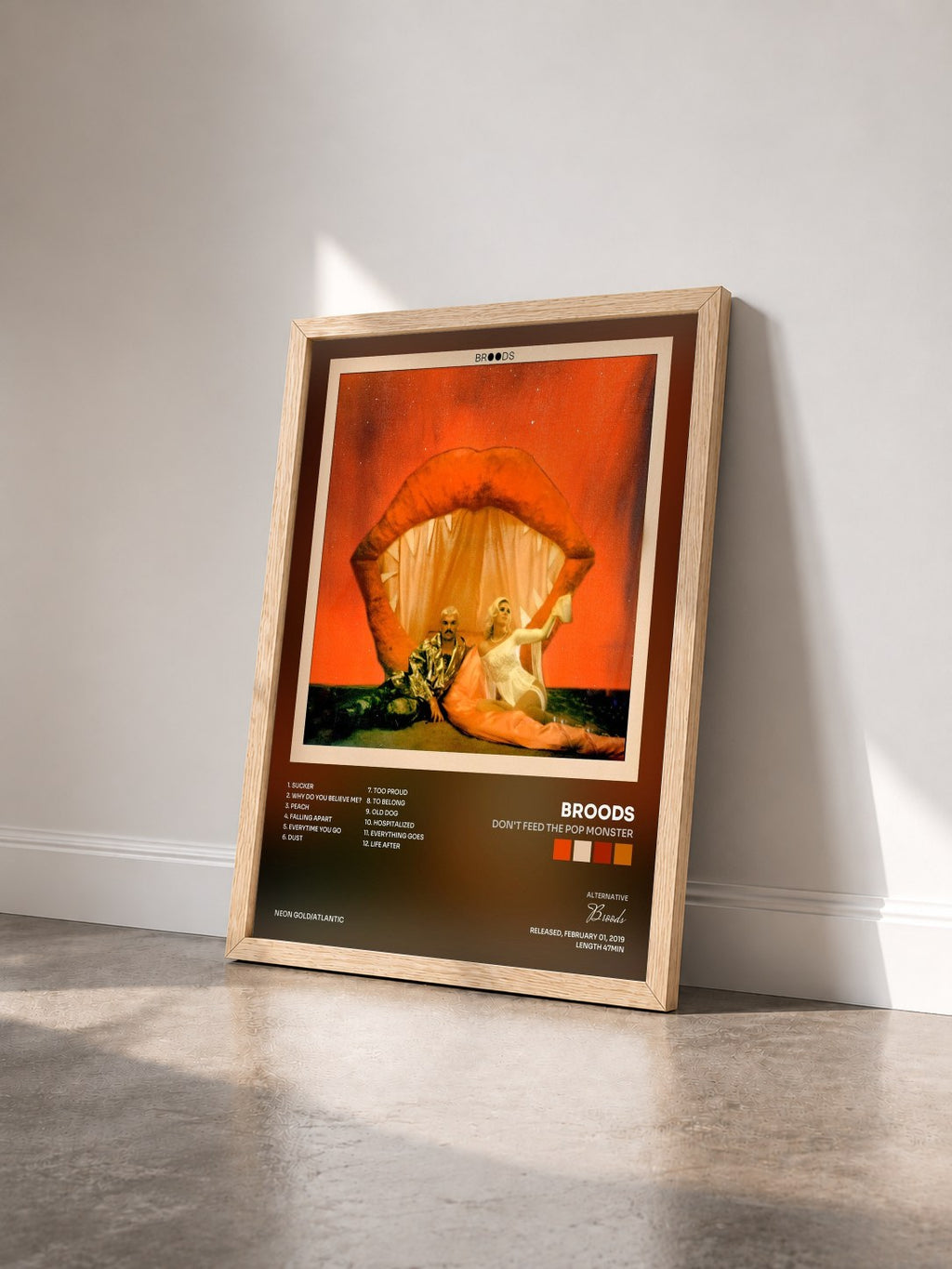 #bois Tableau de l'album Don't Feed The Pop Monster de Broods vu de trois quarts, cadre en bois brut