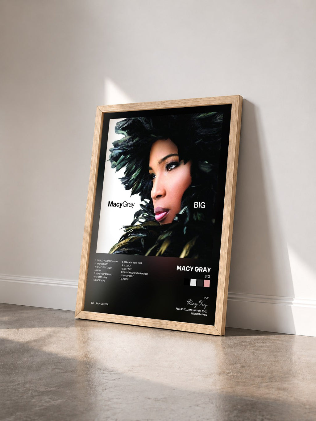 #bois Tableau de l'album Big de Macy Gray vu de trois quarts, cadre en bois brut