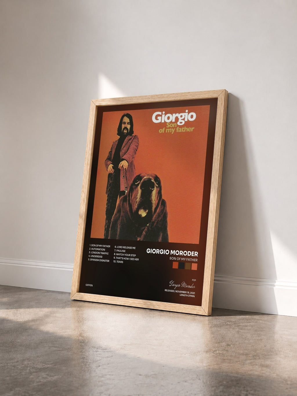 #bois Tableau de l'album Son Of My Father de Giorgio Moroder vu de trois quarts, cadre en bois brut