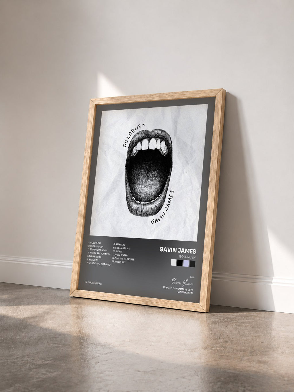#bois Tableau de l'album Goldrush de Gavin James vu de trois quarts, cadre en bois brut