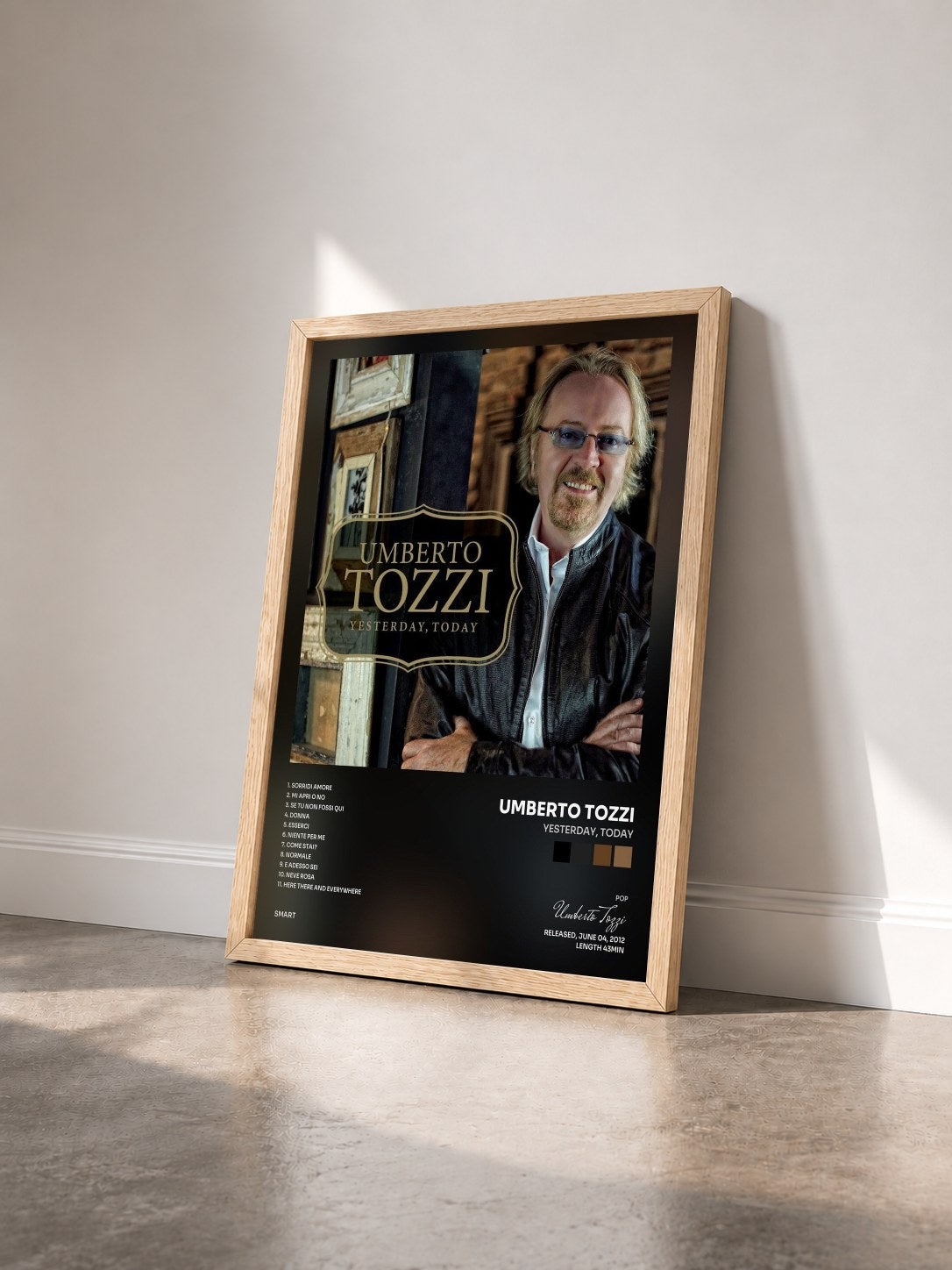 #bois Tableau de l'album Yesterday, Today de Umberto Tozzi vu de trois quarts, cadre en bois brut