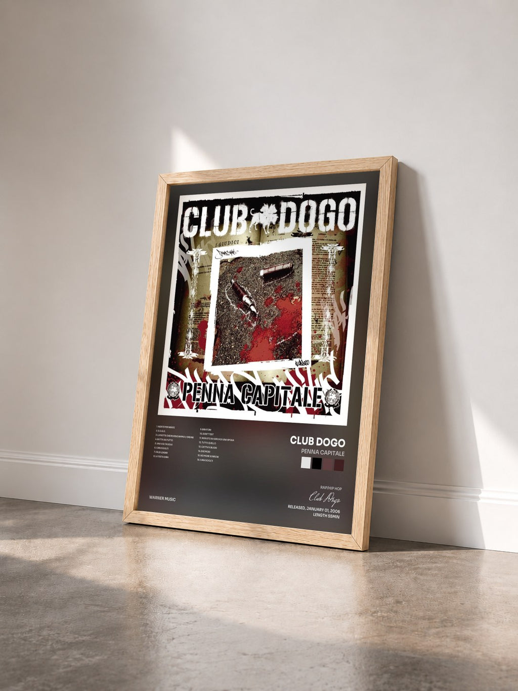 #bois Tableau de l'album Penna Capitale de Club Dogo vu de trois quarts, cadre en bois brut