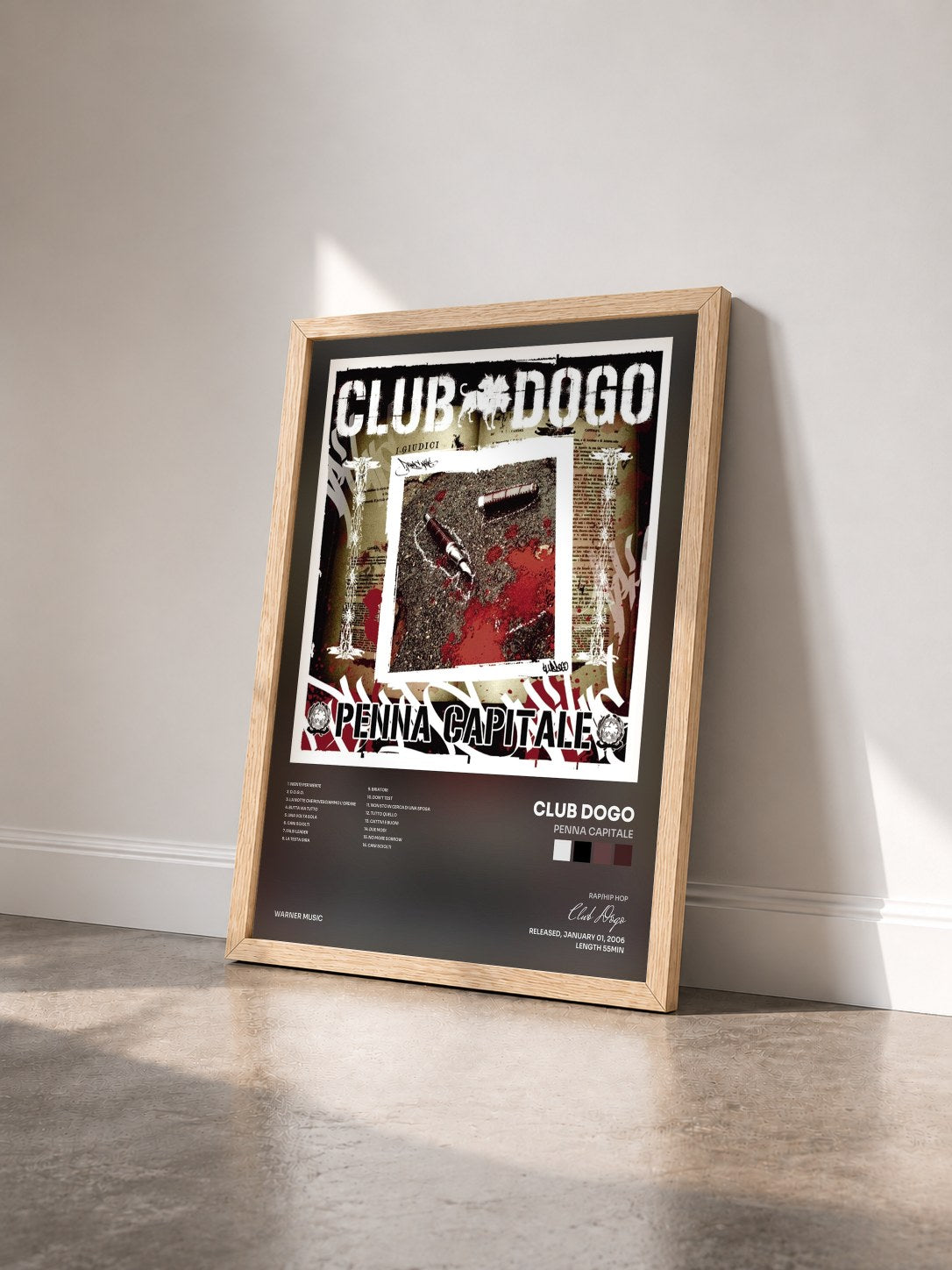 #bois Tableau de l'album Penna Capitale de Club Dogo vu de trois quarts, cadre en bois brut
