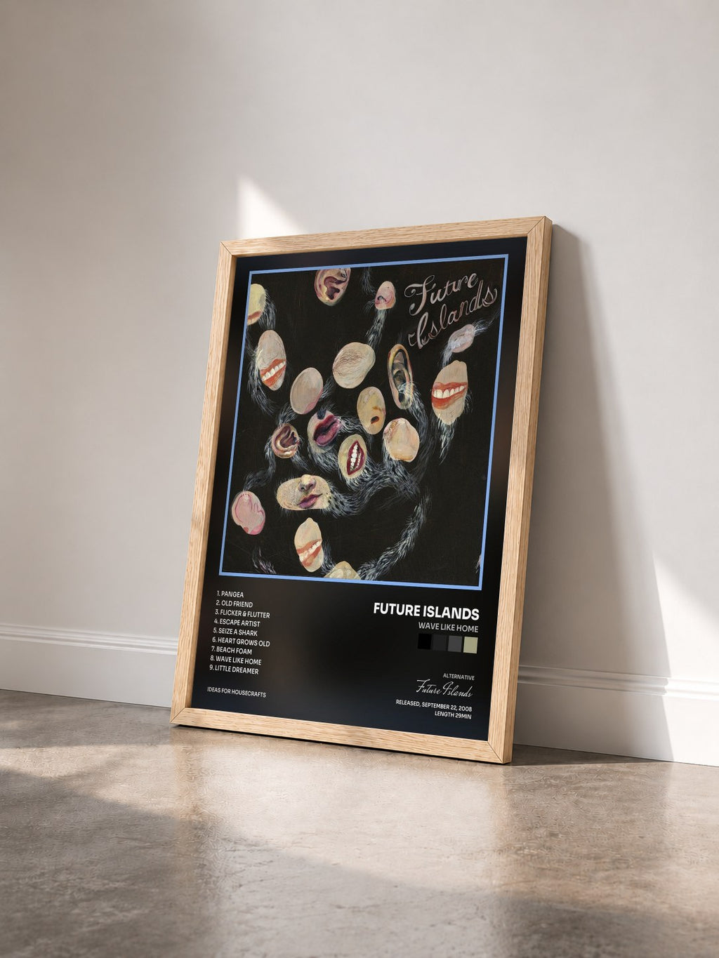 #bois Tableau de l'album Wave Like Home de Future Islands vu de trois quarts, cadre en bois brut