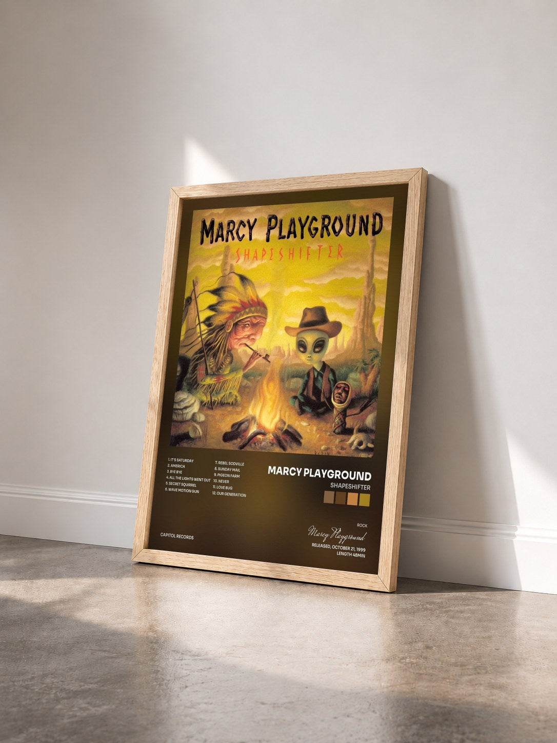 #bois Tableau de l'album Shapeshifter de Marcy Playground vu de trois quarts, cadre en bois brut