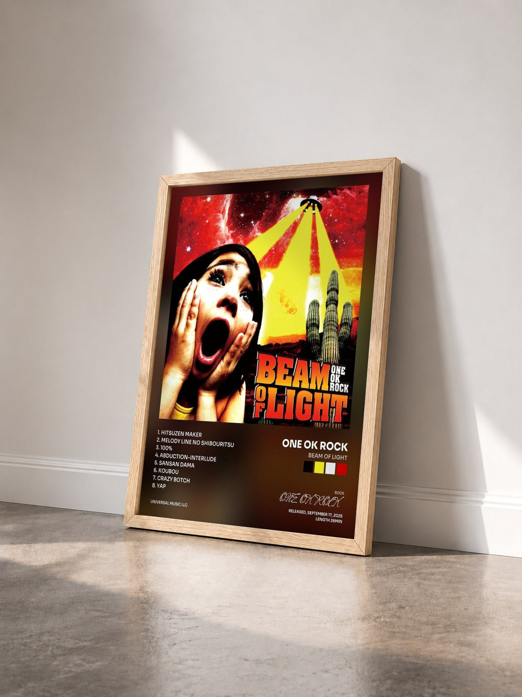 #bois Tableau de l'album BEAM OF LIGHT de ONE OK ROCK vu de trois quarts, cadre en bois brut