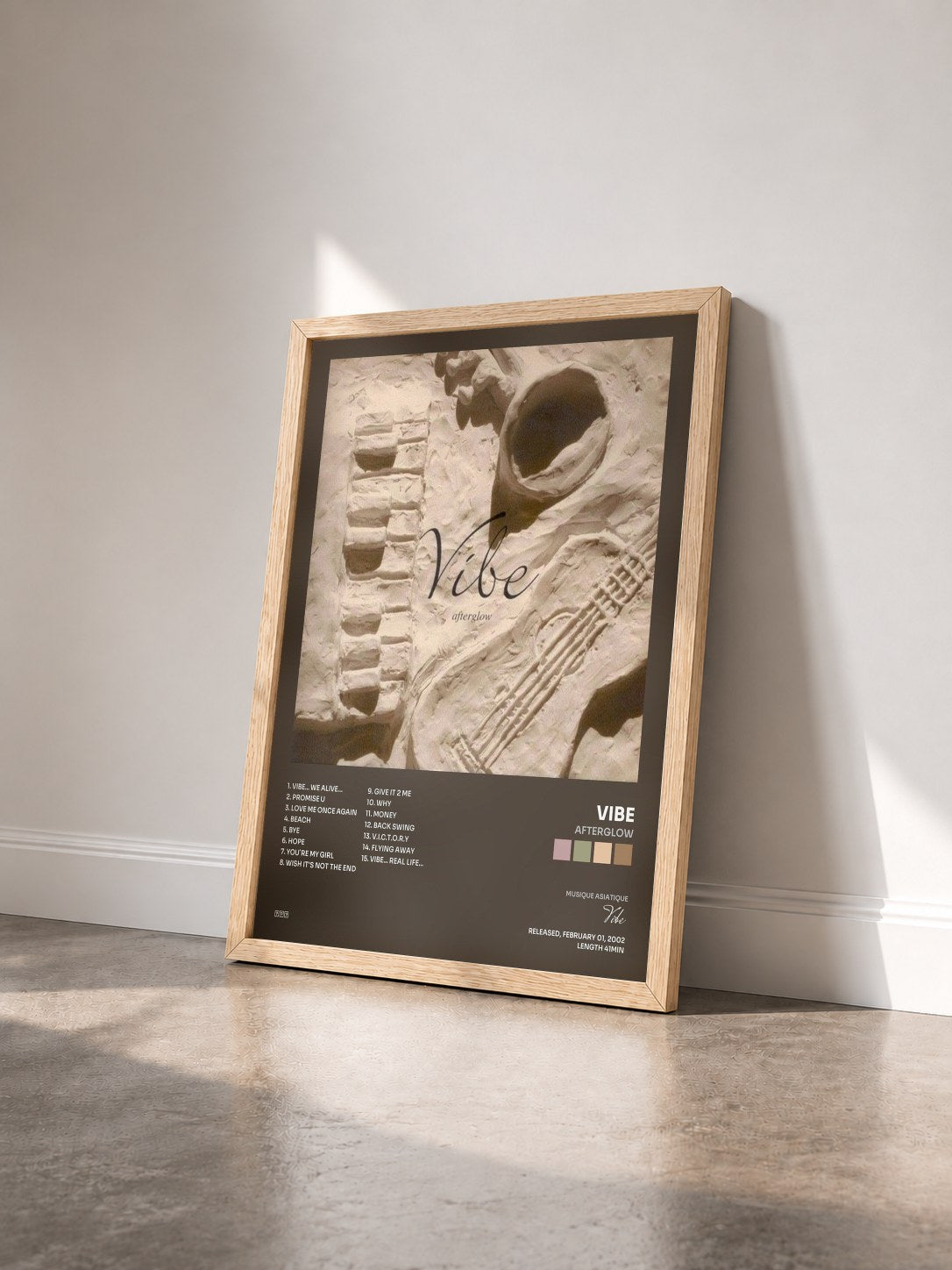 #bois Tableau de l'album Afterglow de Vibe vu de trois quarts, cadre en bois brut