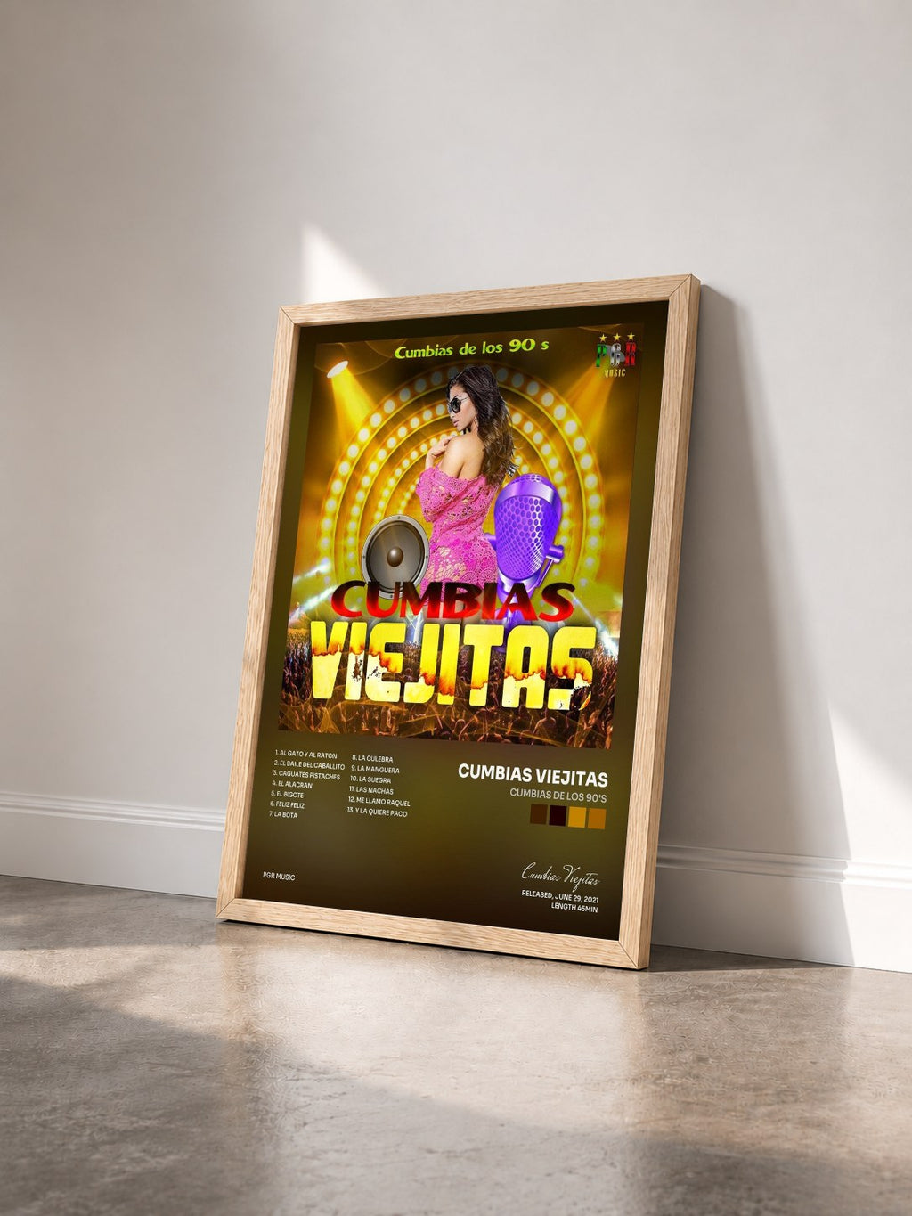 #bois Tableau de l'album Cumbias De Los 90's de Cumbias Viejitas vu de trois quarts, cadre en bois brut