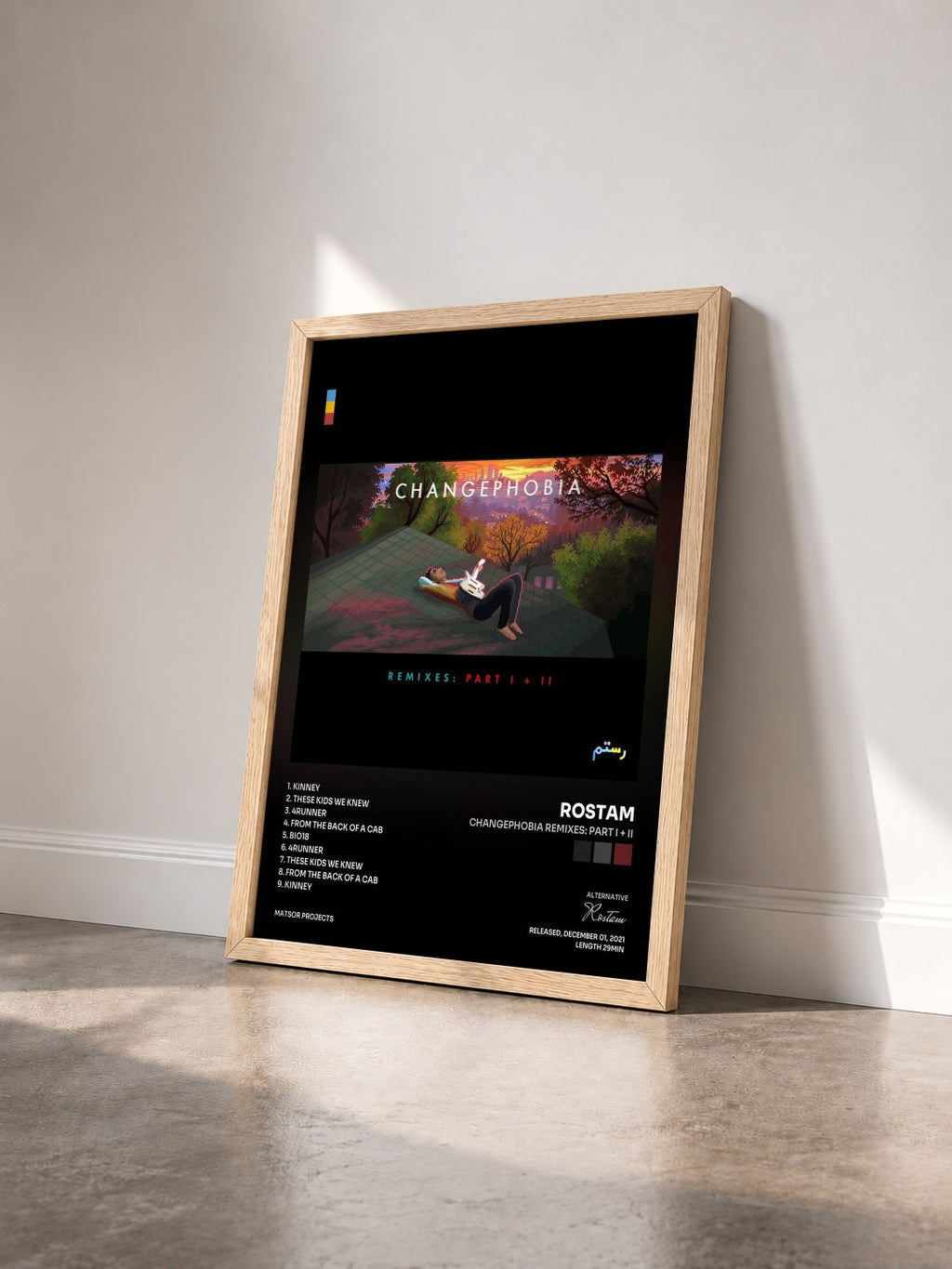 #bois Tableau de l'album Changephobia Remixes: Part I + II de Rostam vu de trois quarts, cadre en bois brut