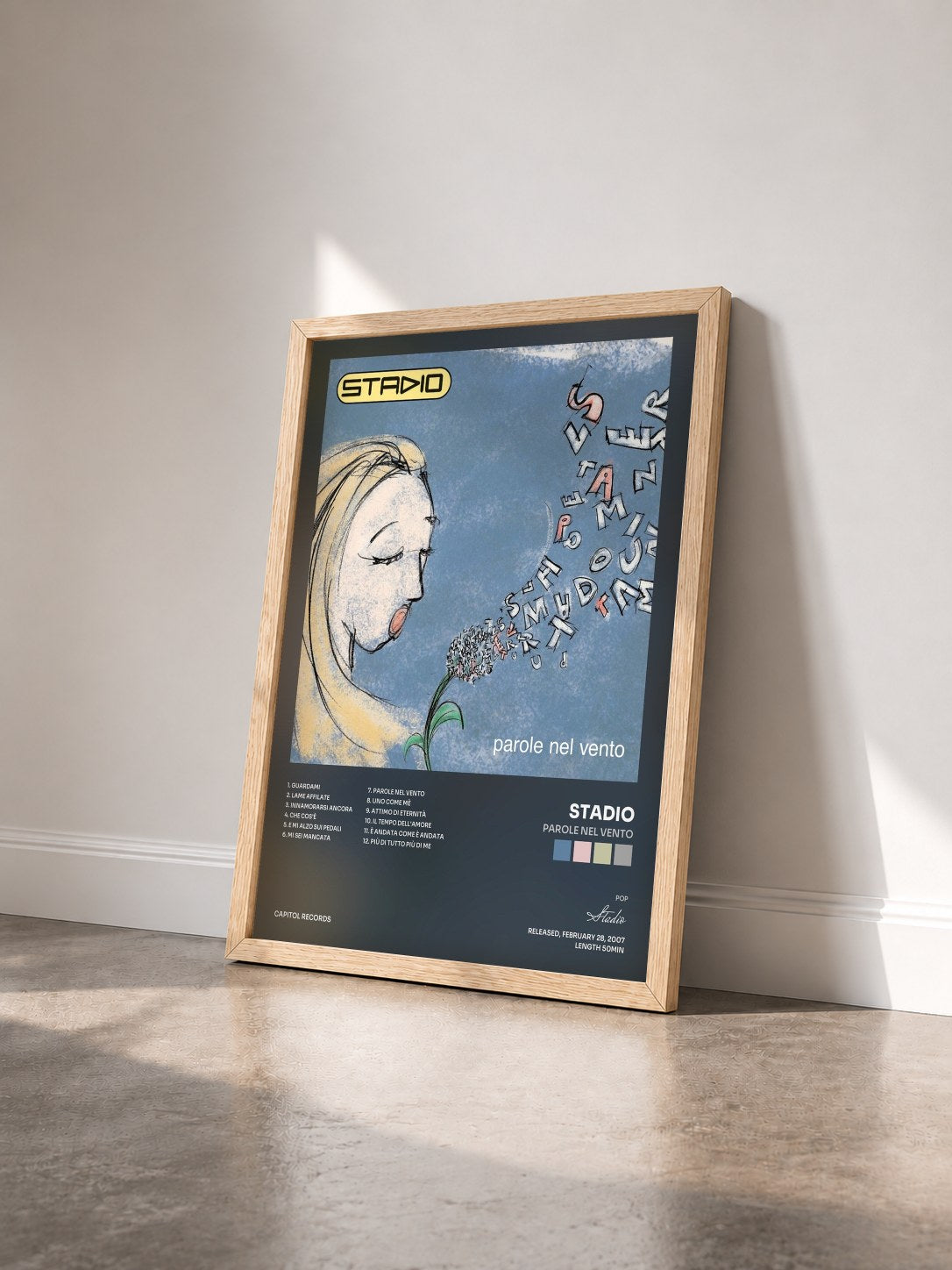 #bois Tableau de l'album Parole Nel Vento de Stadio vu de trois quarts, cadre en bois brut